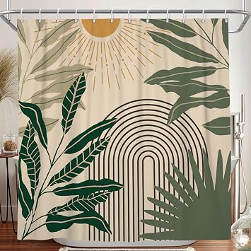 Boho Mid Century Shower Curtains for Bathroom, Modern Abstract Leaf Arch Sunset Pattern Botanical Geometric Bohemian Shower Curtain Waterproof Fabric Bath Decor with Hooks,Beige 72x72 Inch