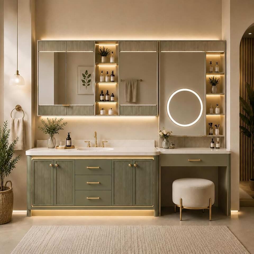 112 IN Green Bathroom Vanity with LED Mirror, Makeup Desk & Sintered Stone