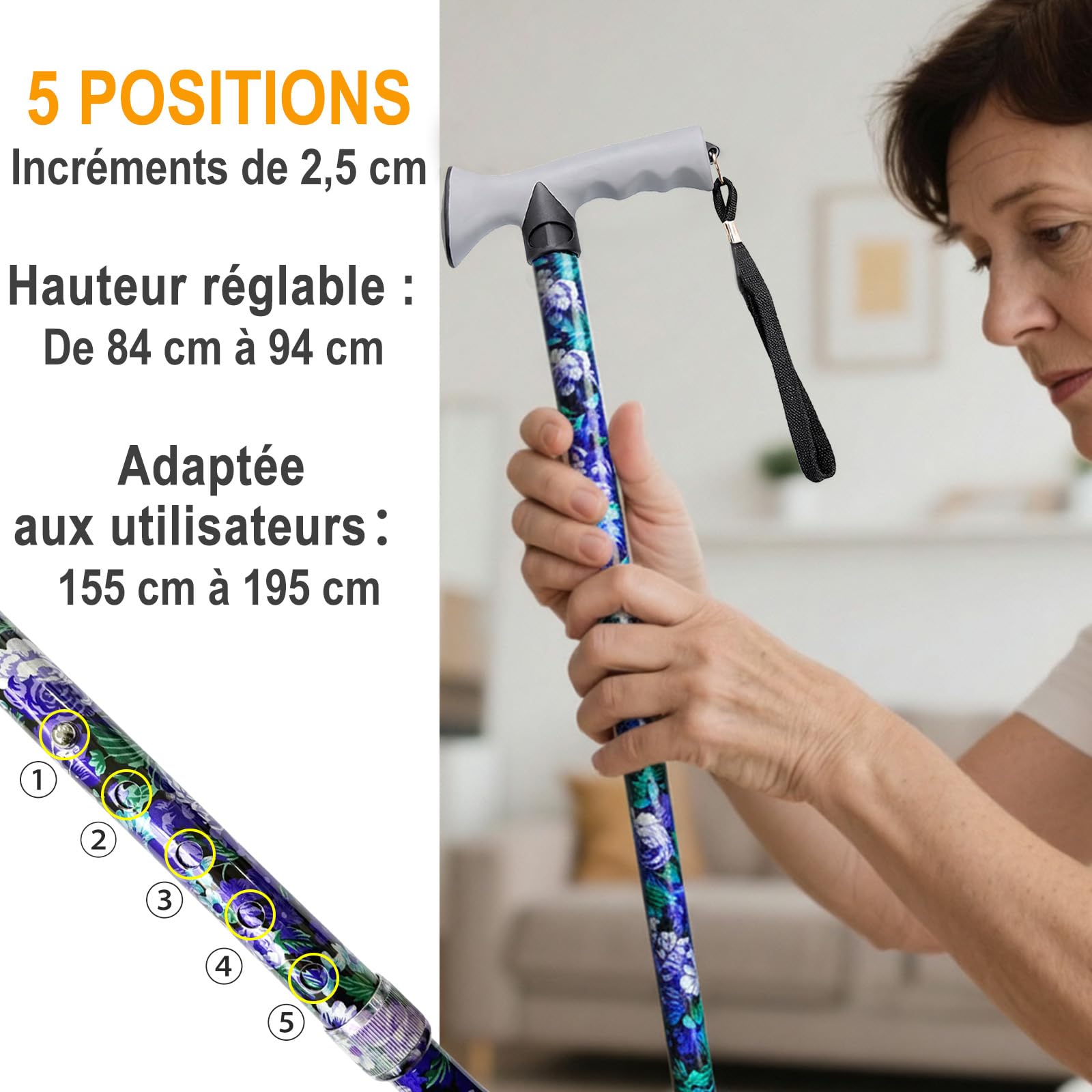 BeGrit Canne de Marche Pliable en Aluminium Canne de Marche Homme Femme Hauteur Réglable à 5 Niveaux Bâton de Marche de Voyage Tout-Terrain Réglable Cane Pliante Portable
