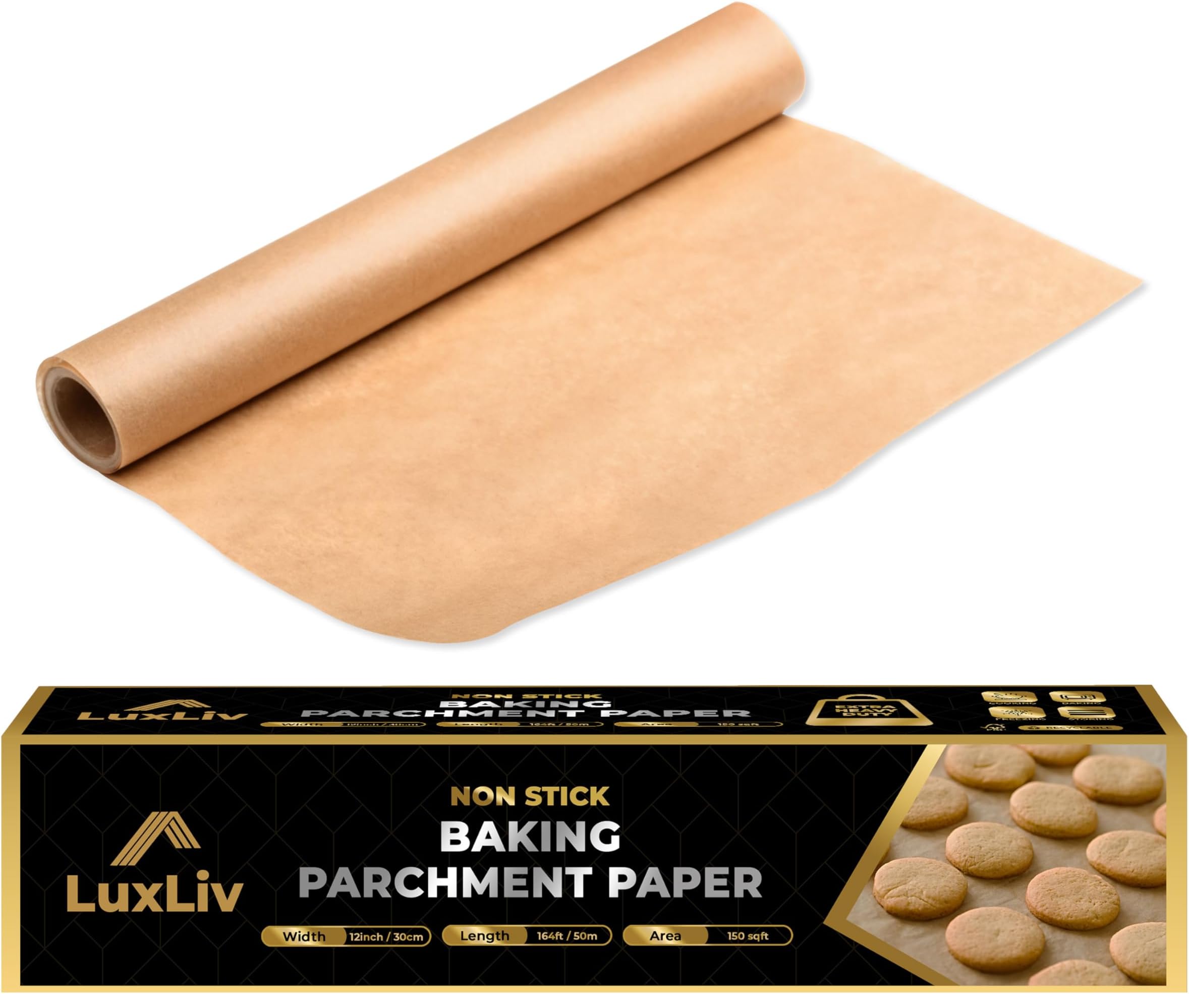 LuxLiv® Unbleached Brown Parchment Paper Roll – Natural Non-Stick Baking Paper, Heavy Duty & Greaseproof, Oven & Air Fryer Safe Baking Roll for Cookies, Bread & Cooking – 30cm x 50m