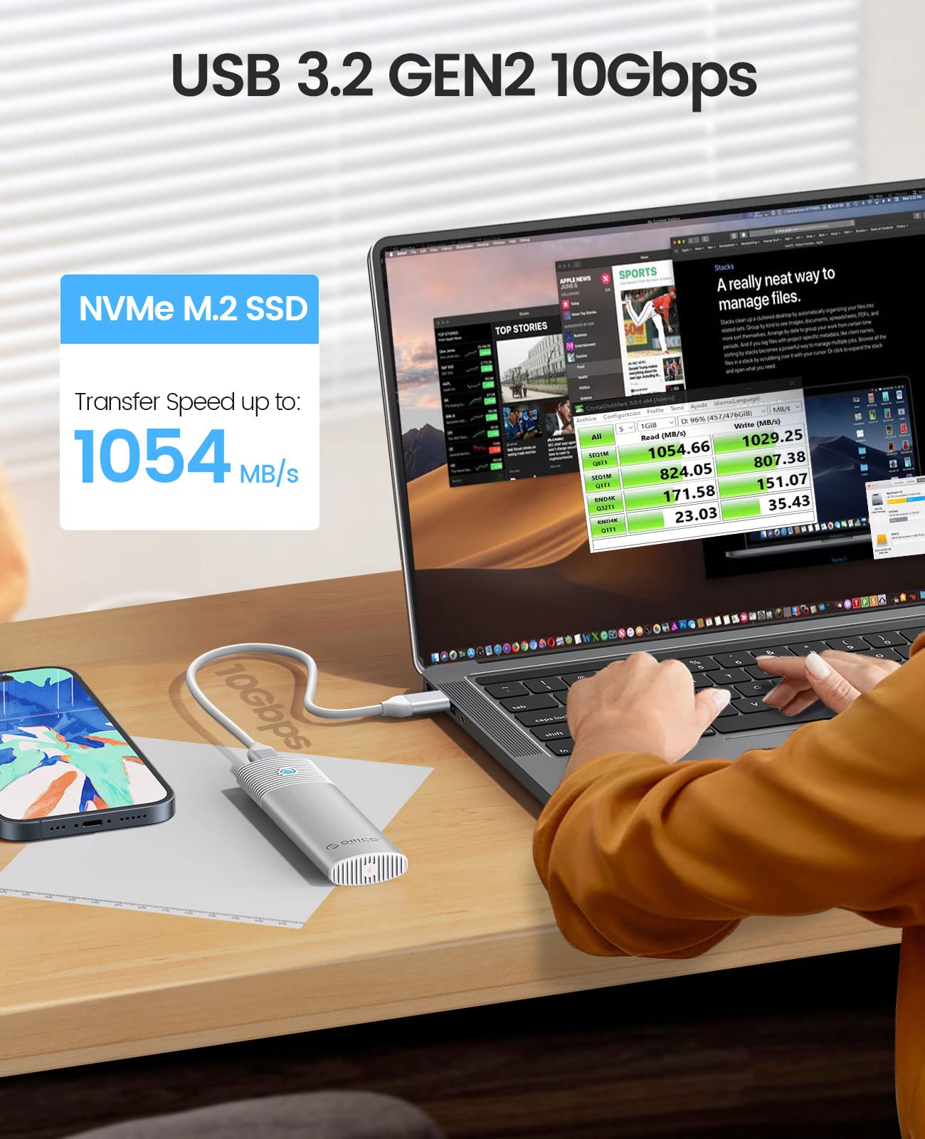 ORICO Case SSD M.2 NVMe, Adattatore Esterno USB C 3.1 Gen2 a PCIe 10 Gpbs per M2 Disco Rigido M-Key 2230/2242/2260/2280, Lettore SSD Con UASP, TRIM, Cavo USB C-A- PWM2G2A-WH