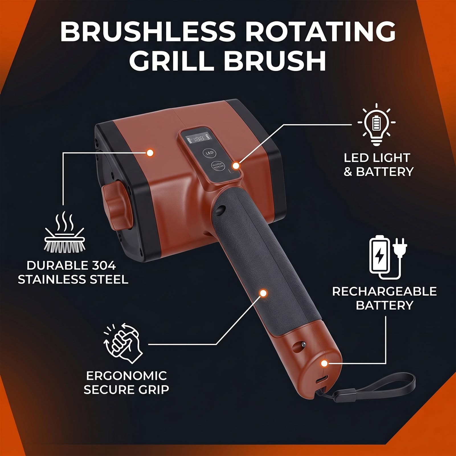 Spazzola per Griglia Elettrica in Acciaio Inossidabile 304 con LED | Motore Brushless da 350 Giri/min, Impugnatura Ergonomica, Batteria da 2600 MAh, Luce LED