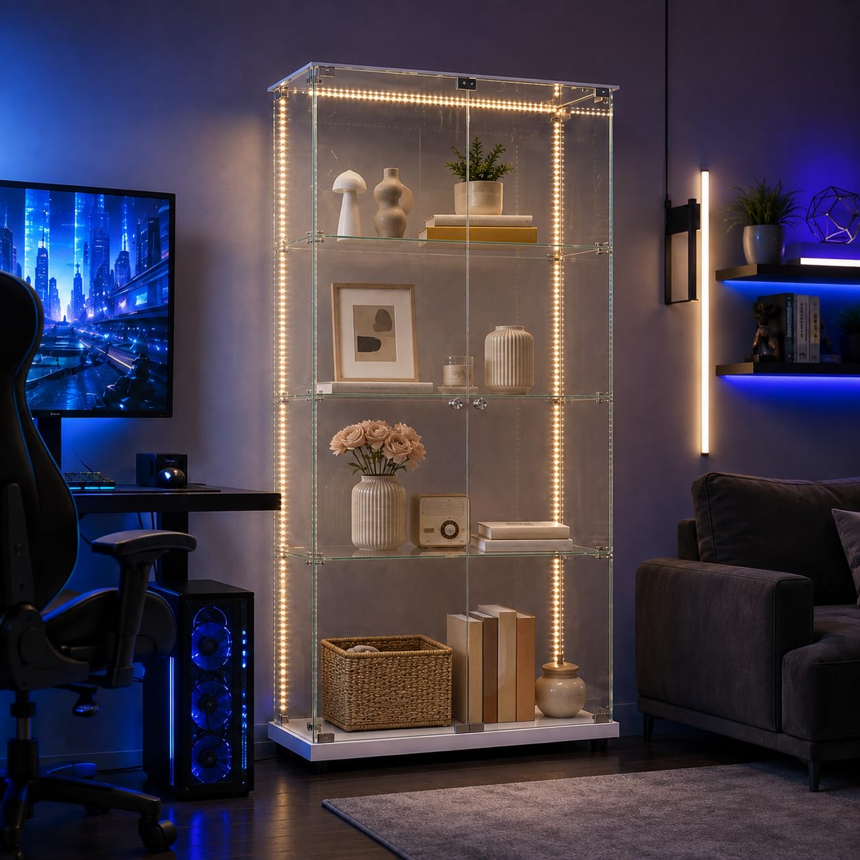 Vitrina de Cristal con LED y Cerradura, Armario Vitrina 78,5 x 35 x 163 cm, Vitrinas de Exposición de 4 Niveles con Estantes Regulables, Mueble Vitrina para Salón, Oficina, Figuras y Libros,Blanco-D