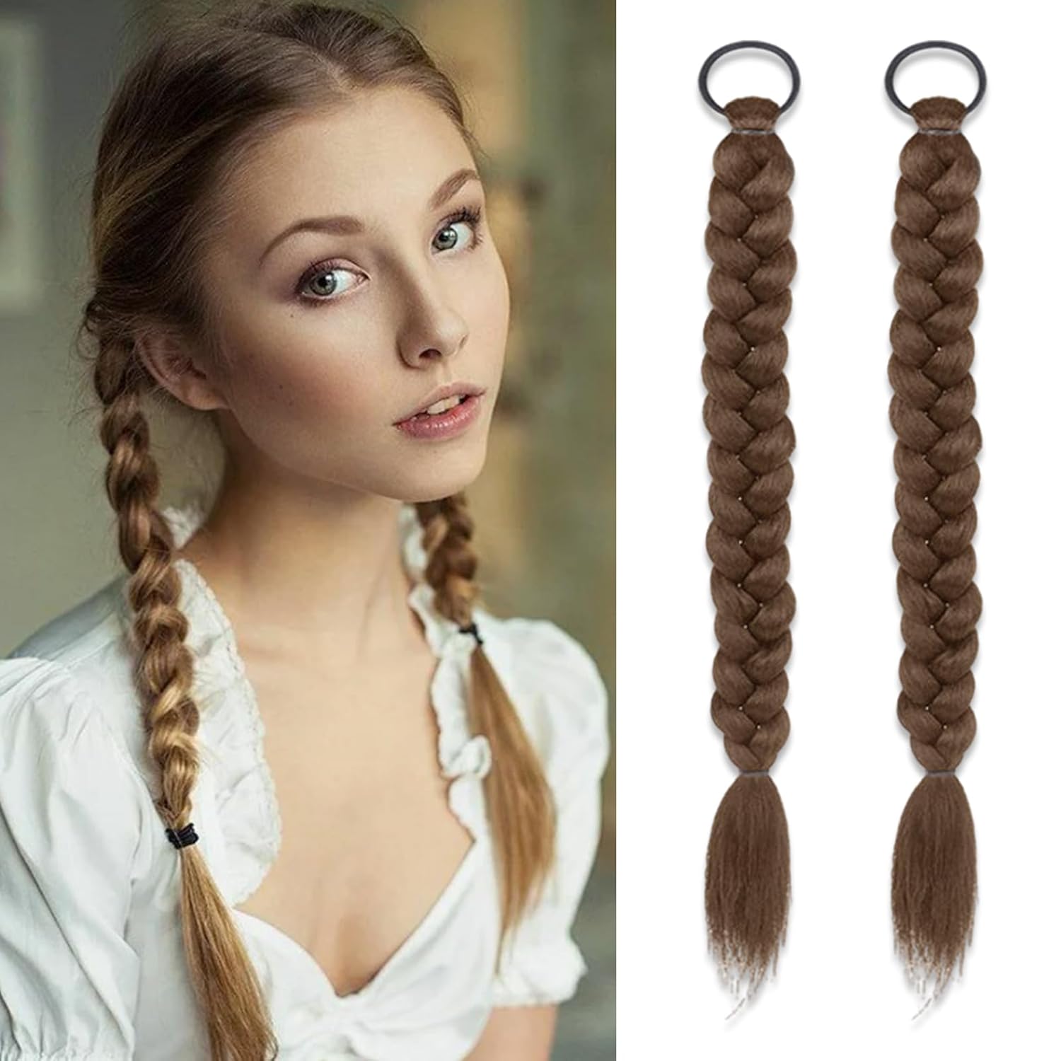2Pcs Braided Ponytail Extensions with Hair Ties Soft Synthetic Hair Pieces for Women Girls Daily Wear 16 Inch （ Light brown）