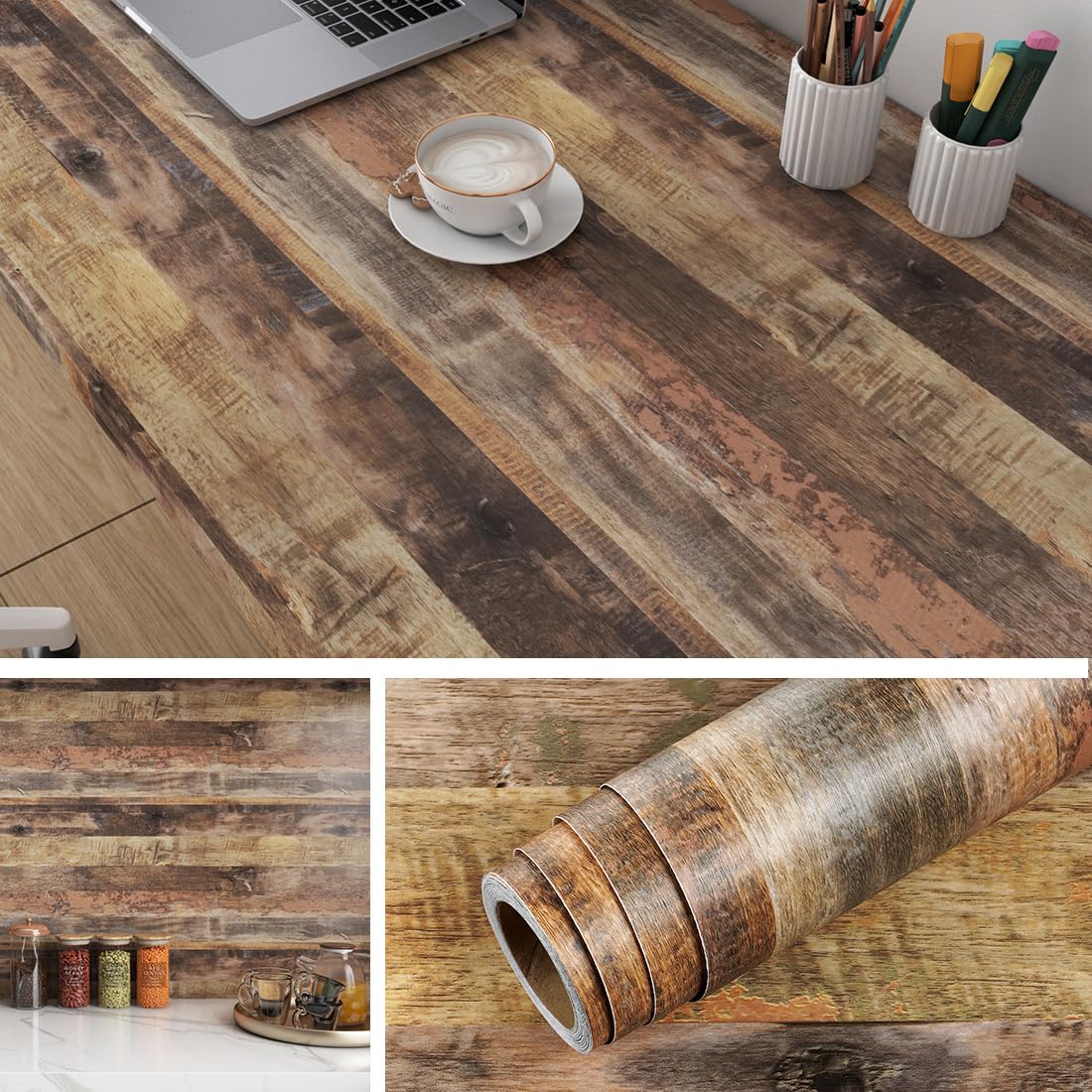 Livelynine Carta da Parati Adesiva Muro Cucina Lavabile Legno Rustico 40CMx10M Paraschizzi Cucina Adesivo Muro Legno Marron Rivestimento Adesivo per Mobili Effetto Legni Carta Parati Sala da Pranzo