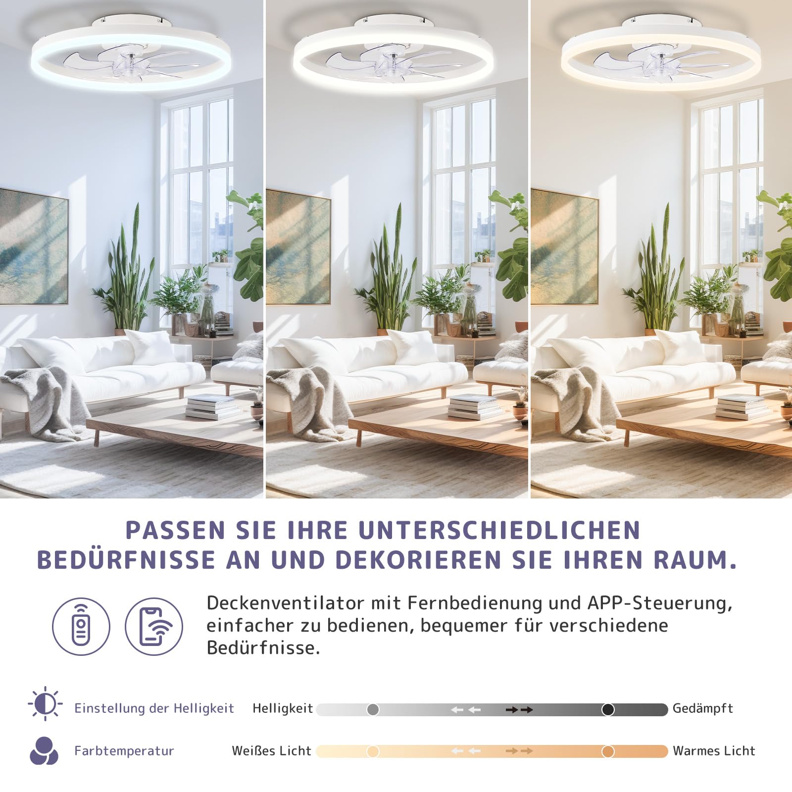 LES FLEURS Deckenventilator mit Beleuchtung, 50cm Smart-LED-Deckenleuchte mit Ventilator, Dimmbare Deckenventilatoren mit Beleuchtung Fernbedienung, für Wohnzimmer und Schlafzimmer (Weiße)