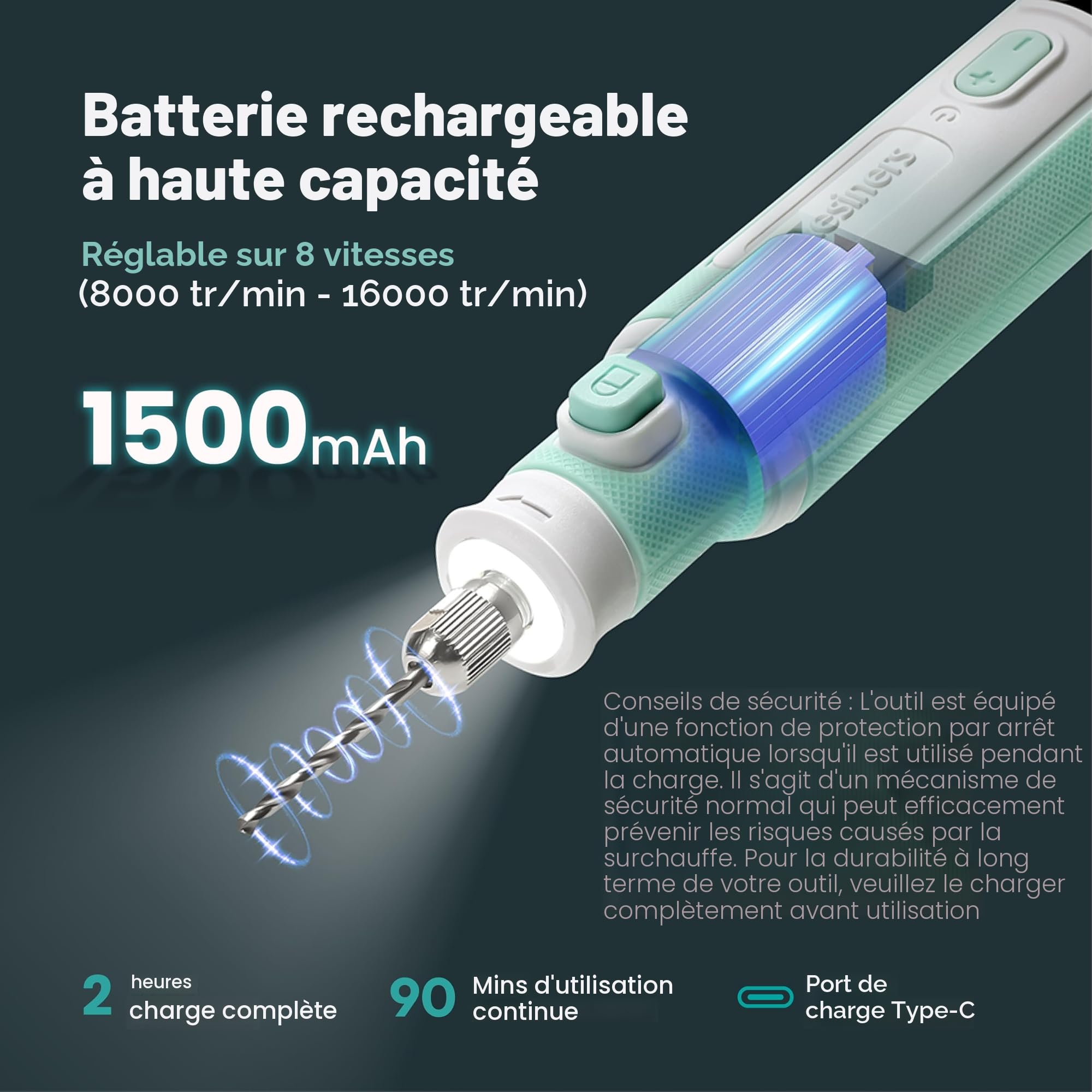 Resiners Kit d'outils rotatifs sans fil 54 pièces, réglable sur 5 vitesses, ensemble de perçage et de polissage en résine