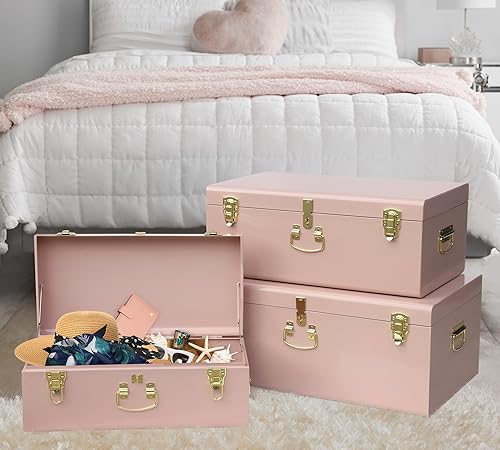 Miniatura 117 de Vixdonos Juego de 2 baúles decorativos de almacenamiento de caja de metal con asa (blanco con cierres de bronce) Blanco con cierres de bronce,Beige