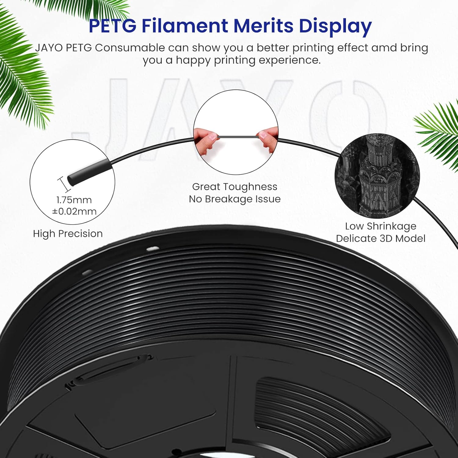 JAYO PETG 3D Printer Filament, 1.75mm PETG, 2KG, Black+Black