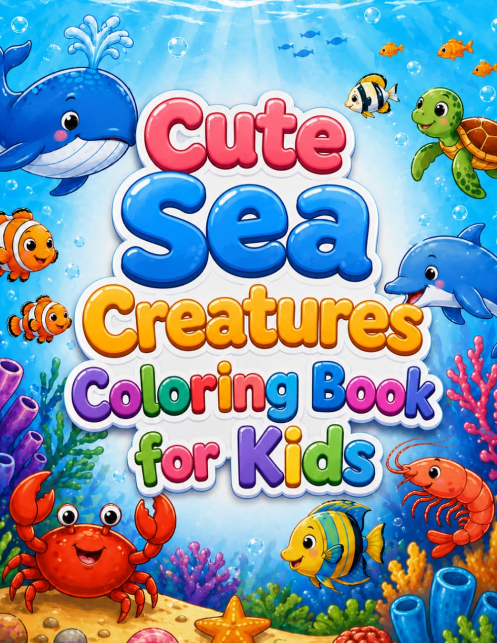 Cute Sea Creatures Coloring Book for Kids Ages 3-8: 65 Fun Ocean Animals and Under the Sea Adventures for Toddlers & Preschoolers