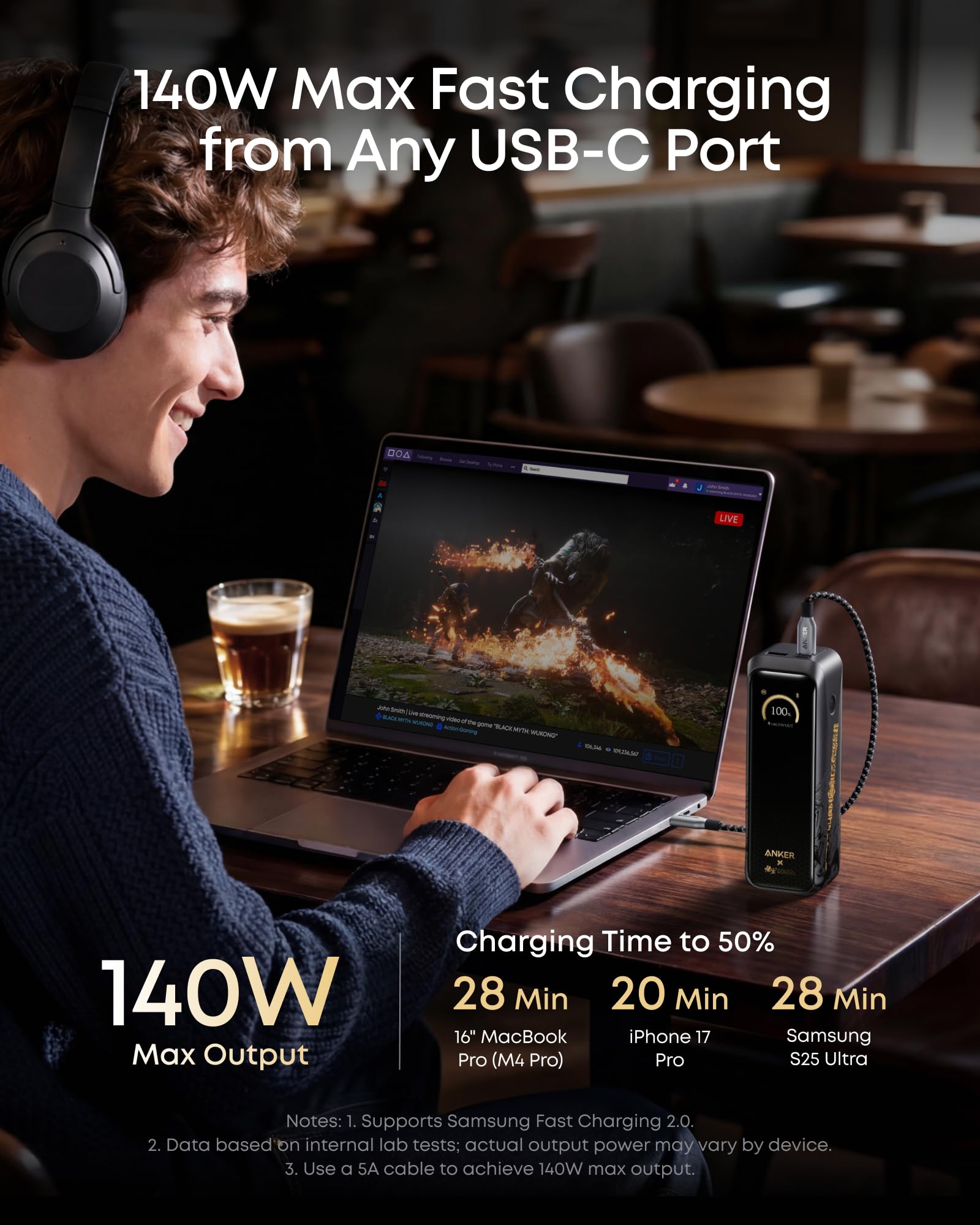 Anker Prime Power Bank 20,100 mAh, 220 W, 3 Puertos | Black Myth Edición Wukong, homologado TSA, para MacBook e iPhone 17/16. Base no incluida