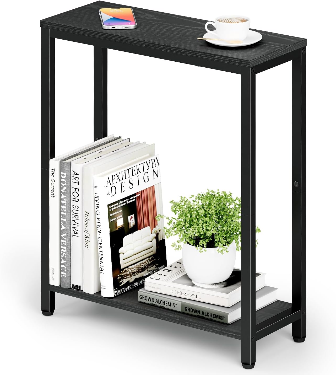 KIMBORA Narrow End Table for Small Spaces, 2 Tier Skinny Small Side Tables Living Room, Slim Couch Nightstand for Bedroom Bedside, Black