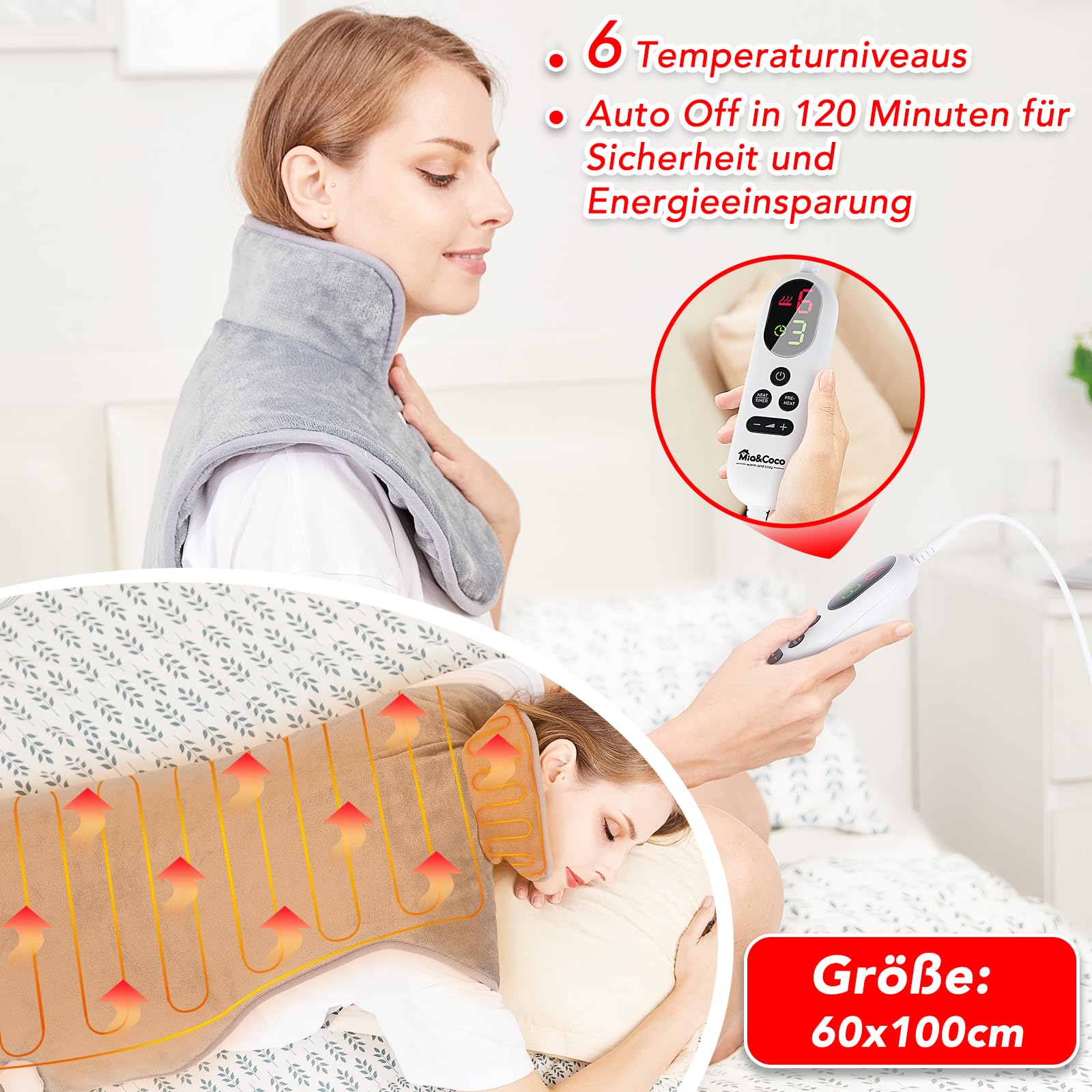 Heizkissen für Rücken Schulter Nacken 60x100cm Wärmekissen mit Abschaltautomatik, Schnelle Erwärmung, mit Taillenriemen, Rückenwärmer Heizdecke 6 Heizstufen, Auto-OFF-Timer, Flanell, Waschbar, Grau
