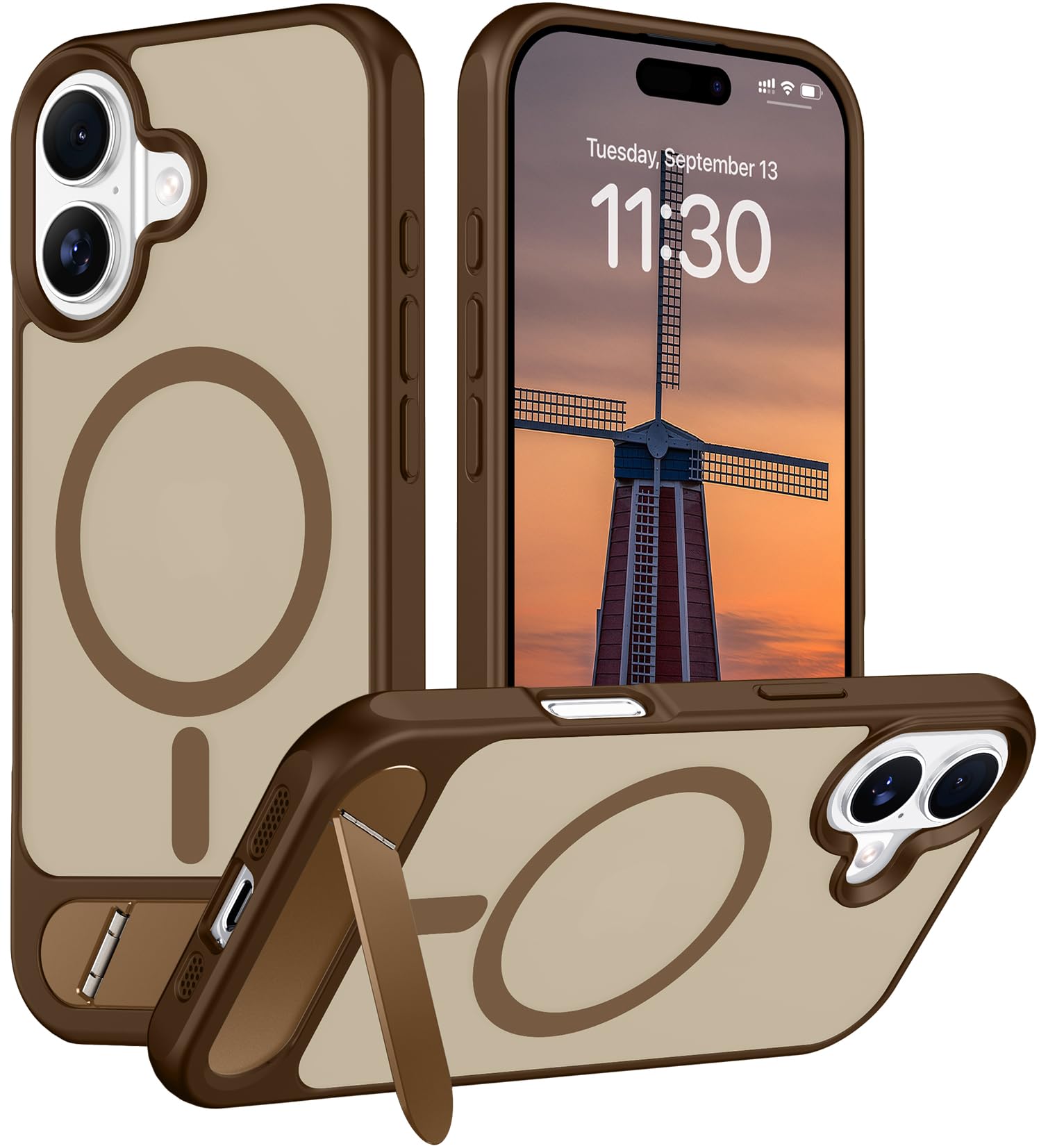 Temdan Designed for iPhone 17 Case, [Built-in Invisible Kickstand][Compatible with MagSafe][Military Grade Shockproof] Slim Translucent Matte Phone Case 6.3 inch (Desert Brown)