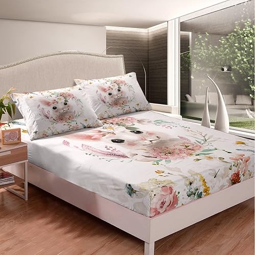 Miniatura 3 de Erosebridal Juego de sábanas bajeras de conejo para niños, tamaño individual, sábanas florales rosas para niñas y mujeres, bonito juego de ropa de