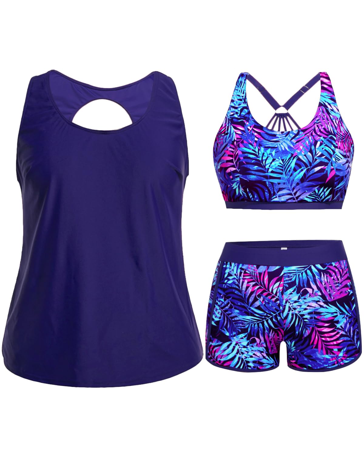 Holipick Women Plus Size Swimsuits - Athletic 3 Piece Tankini with Shorts