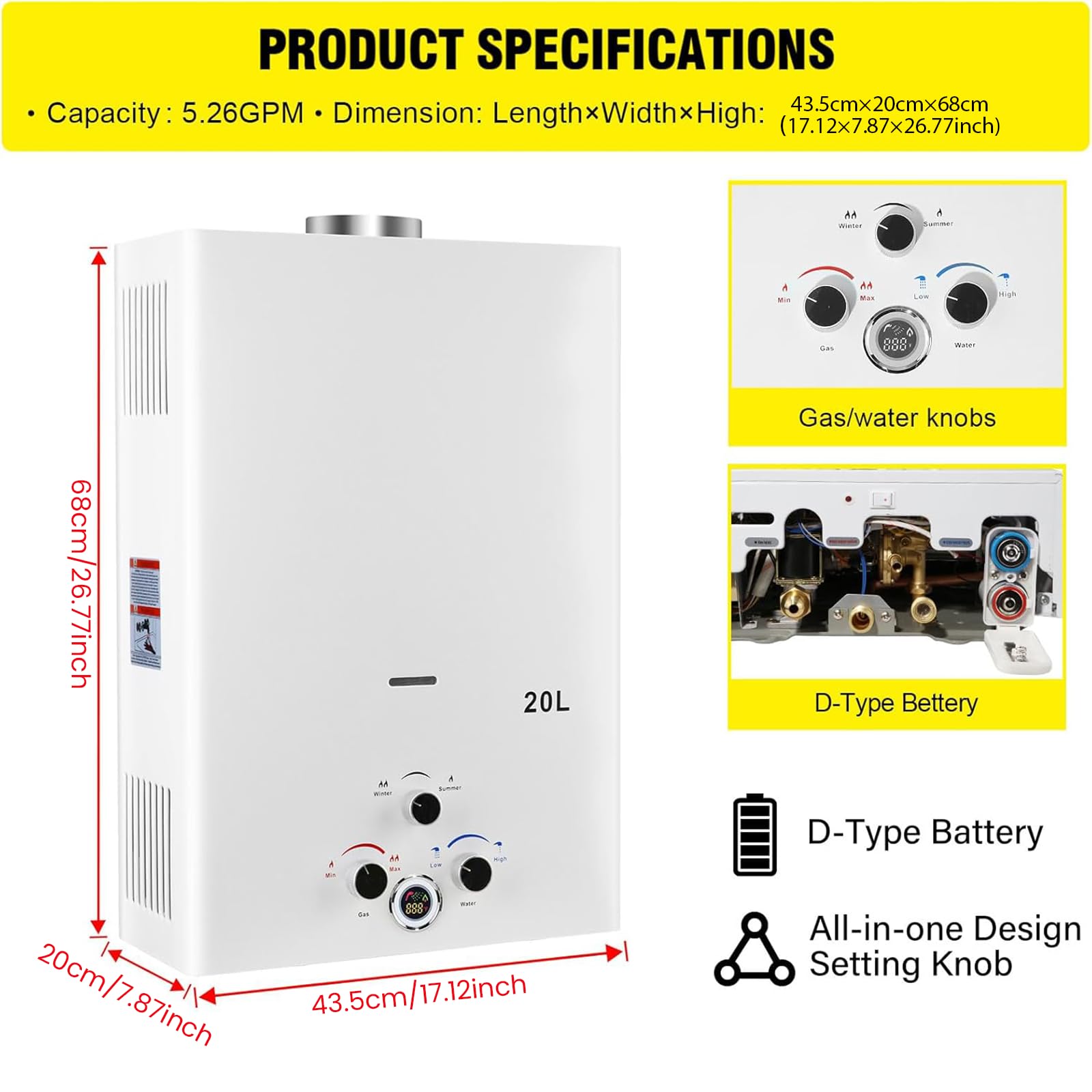 Gas Durchlauferhitzer, 20L Propan-Durchlauferhitzer mit Batteriezündung, Durchlauferhitzer Tankless Water Heater mit Digitalanzeige, Multi-Schutz[Energieklasse A]