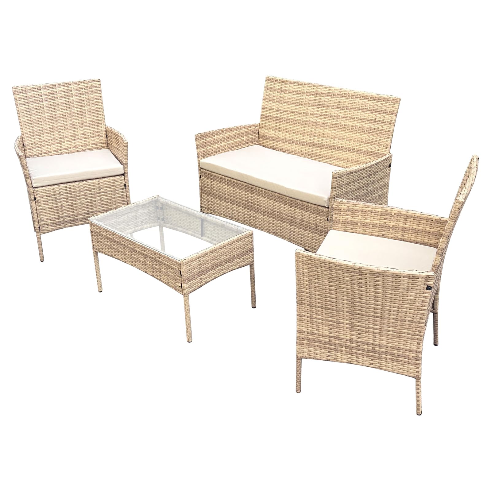 SVITA Brooklyn Gartenlounge 4-teilig Polyrattan Lounge Set wetterfest Garten Terrasse Balkon inkl. Kissen Glas Tisch Beige