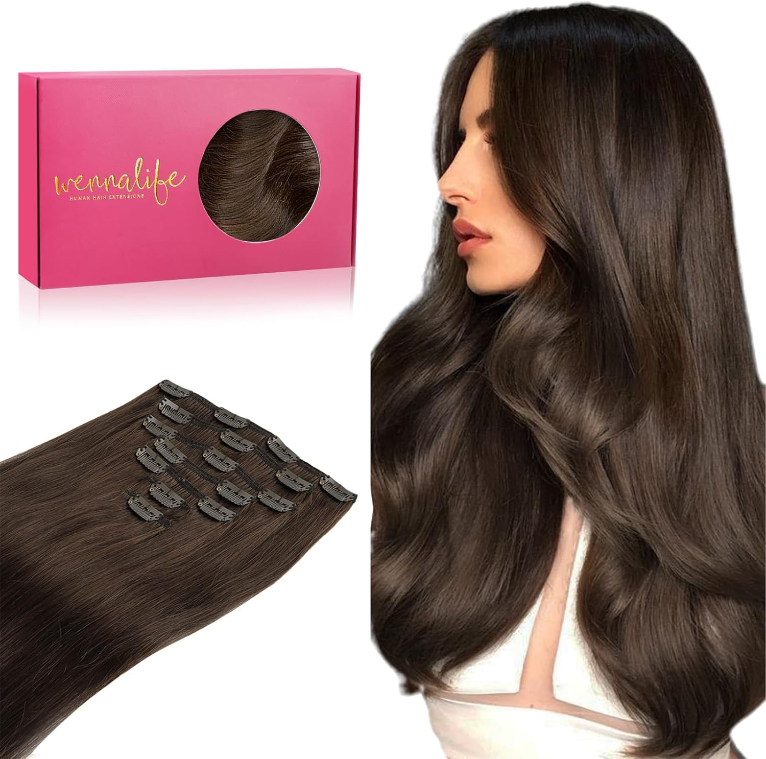 WENNALIFE Clip in Human Hair Extensions, 18 Inch 120g 7pcs Chocolate Brown Hair Extensions Clip in Human Hair Remy Clip in Hair Extensions Real Human Hair Double Weft