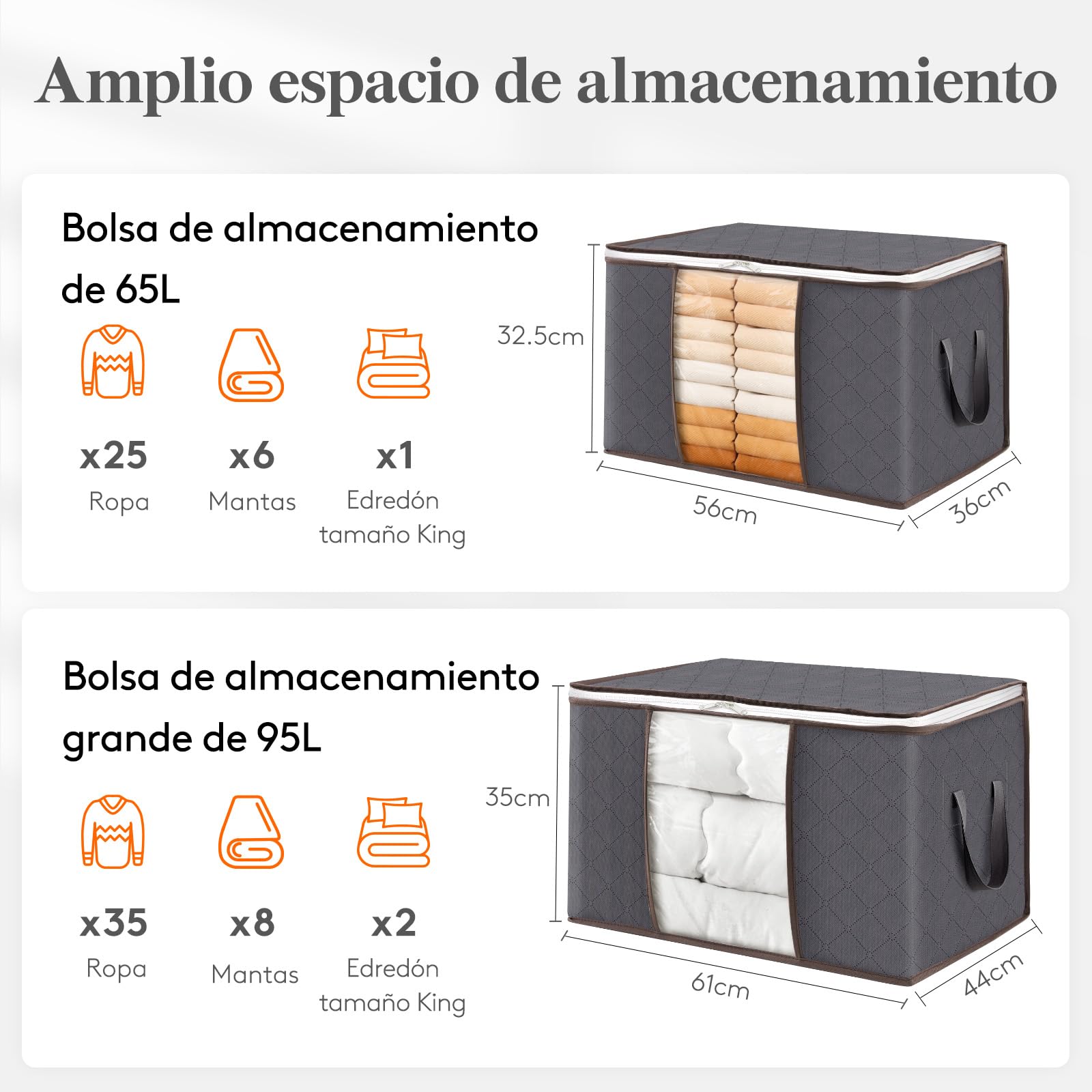 Lifewit Bolsa Almacenaje Ropa, Cajas Almacenaje Plegable, Organizador Armario, Cajas Mudanza, Bolsas con Asa Reforzada para Guardar Ropa, Mantas, Edredones, Gris, 65L, 3 Piezas