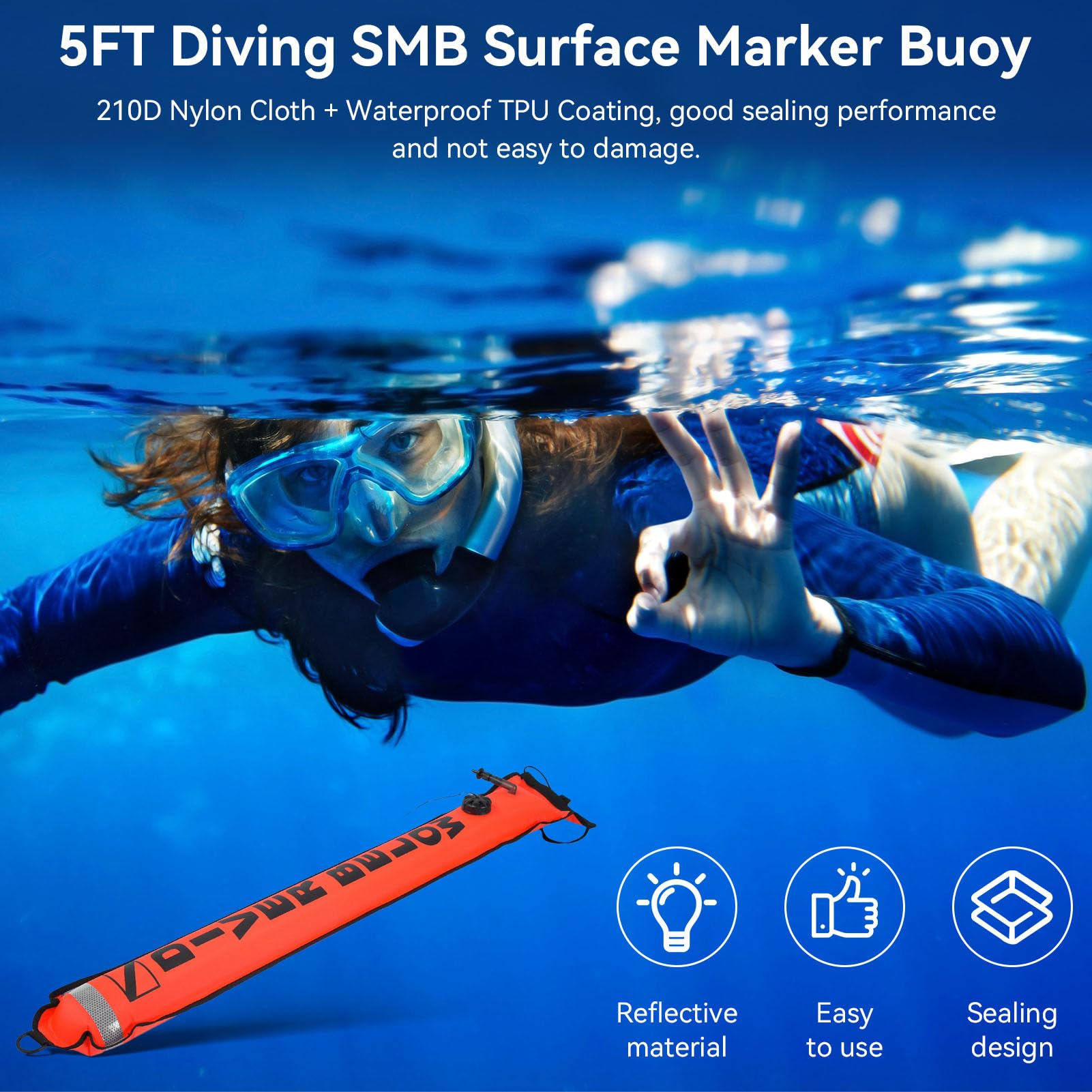 Bouée de marqueur de Surface SMB de plongée de 5 Pieds, Tube de Signal de plongée Gonflable Haute visibilité avec Bande réfléchissante marqueur de sécurité Flotteur