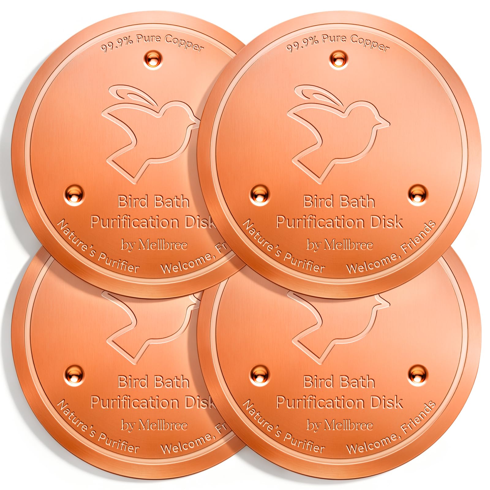 Mellbree 4-Pack Premium Copper Cleaning Disc, 0.6mm Thick 99.99% Pure Copper with Stable Triple-Point Support, All-Season Physical Water Care for Bird Baths