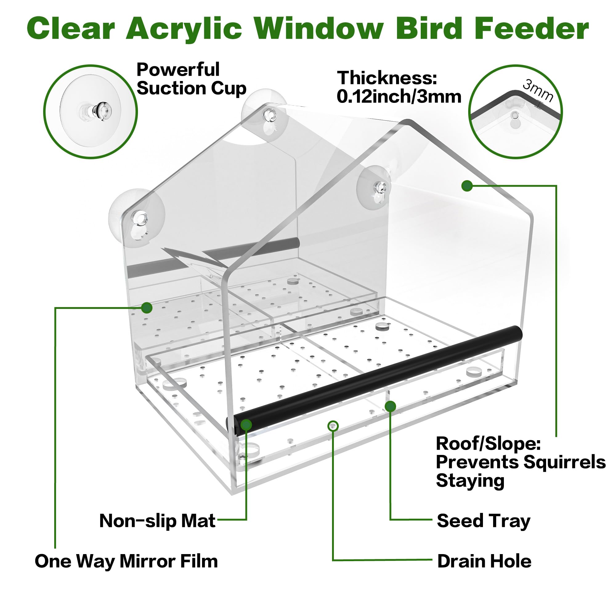Comedero para pájaros de ventana unidireccional para exteriores con ventosas fuertes, casa de pájaros silvestres de acrílico transparente para ver gatos, comedero de pájaros grande transparente