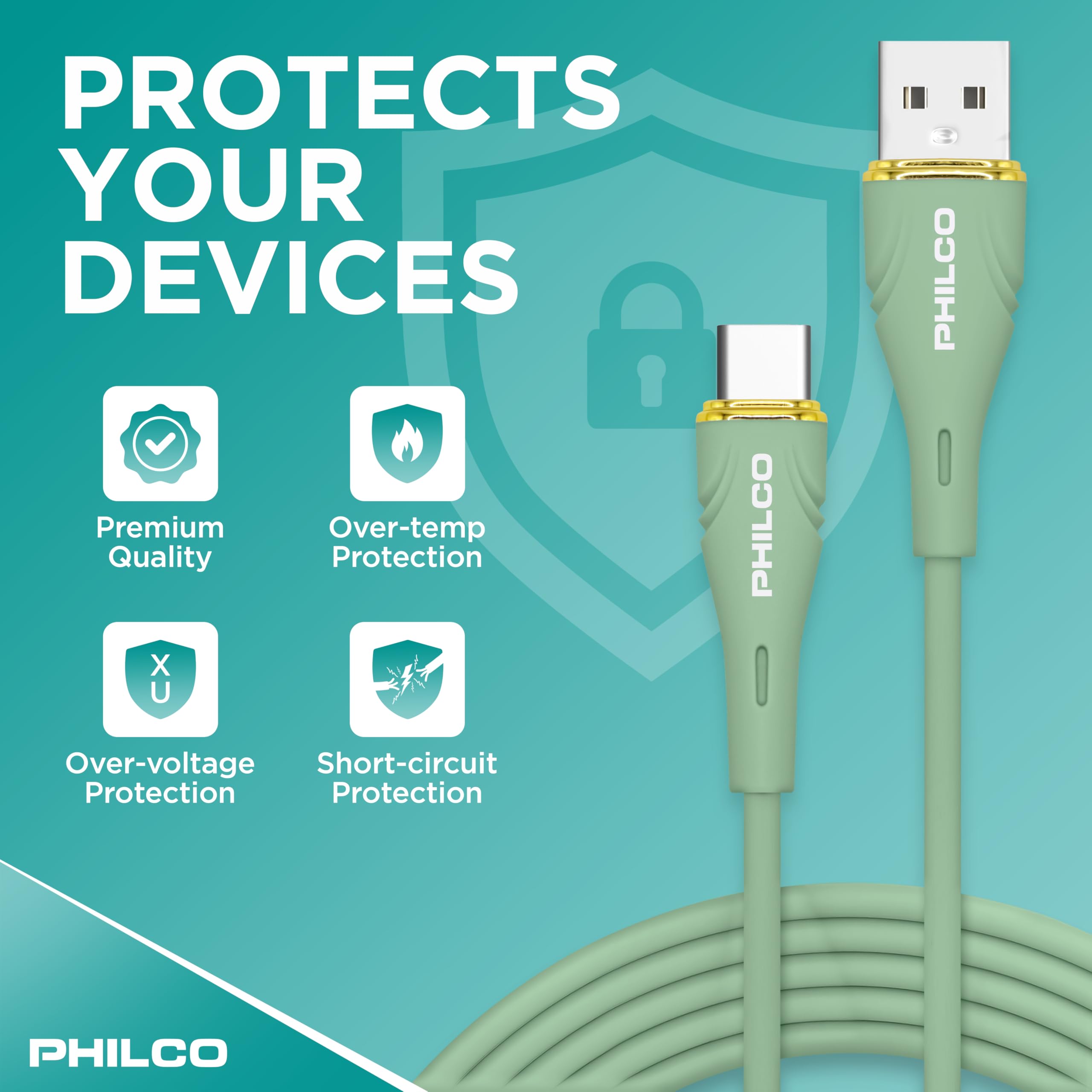 Philco Lot de 2 câbles USB vers USB C, câble de charge de type C, charge rapide USB A vers USB C, 20 W, 1,2 m, USB C en silicone anti-nœuds pour iPhone 15, 16, MacBook Pro, iPad Air 4, iPad Pro et