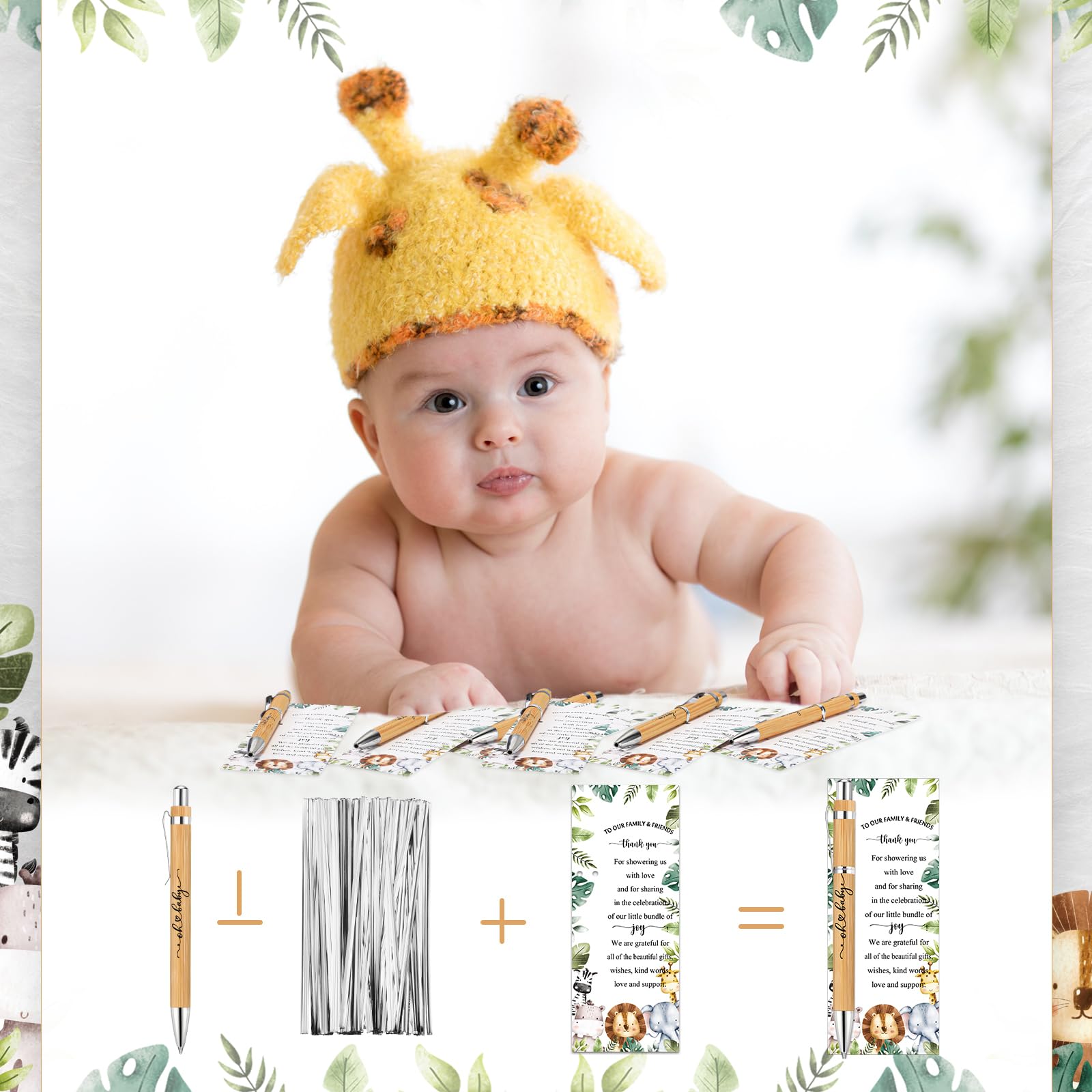 Zhanmai- 75 juegos de recuerdos para baby shower con temática de safari, incluye bolígrafos de bambú y tarjetas de agradecimiento para baby shower, bridas plateadas, decoraciones para baby shower con