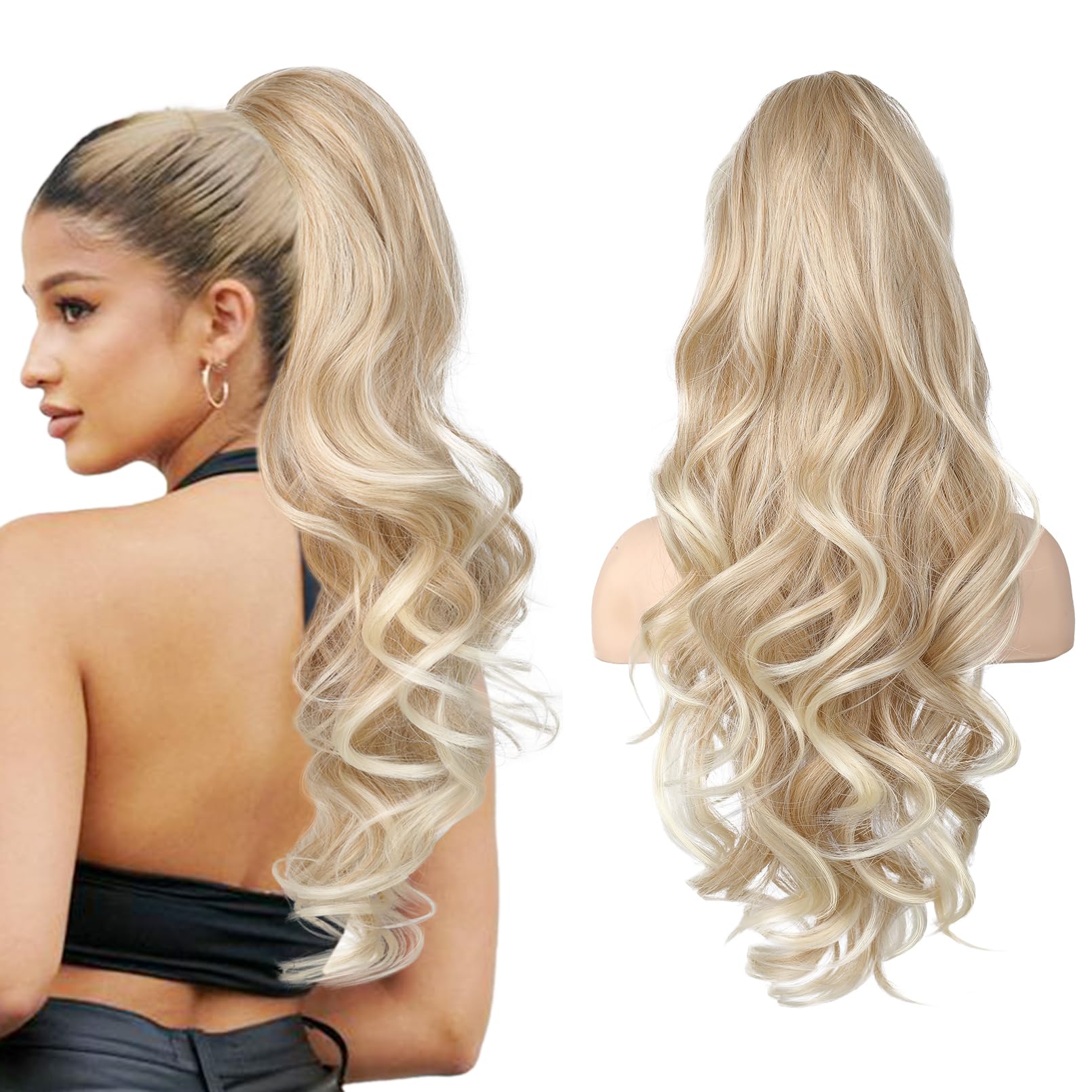 Photo 1 of LONAI Claw Clip Ponytail Extension for Women 24 Inch Curly Wavy Ponytails Extensions Clip in Ponytail Hair Extensions Pony Tail Clip on Ponytails Hair Piece (Blonde to Light Blonde)