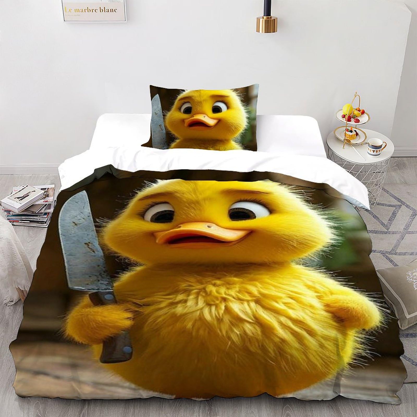 Housse de couette petit canard jaune en microfibre infroissable pour simplifier le lit de garçon