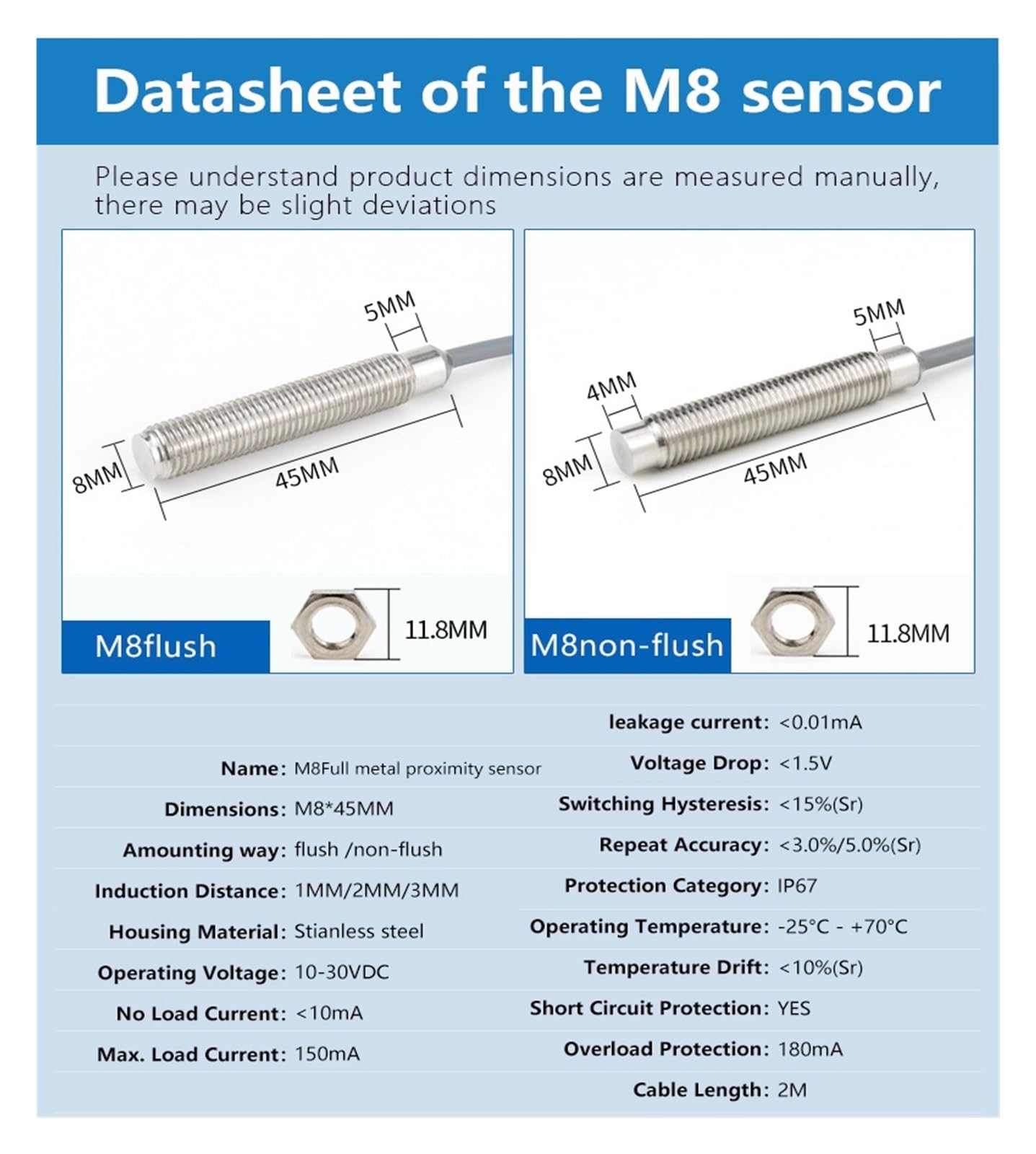Sensor de proximidad de Superficie metálica M8, Interruptor de Nivel de Agua Capacitivo cilíndrico con Salida NPN y PNP for detección de Metales(M8 Flush PNP NO-Sn:1mm)