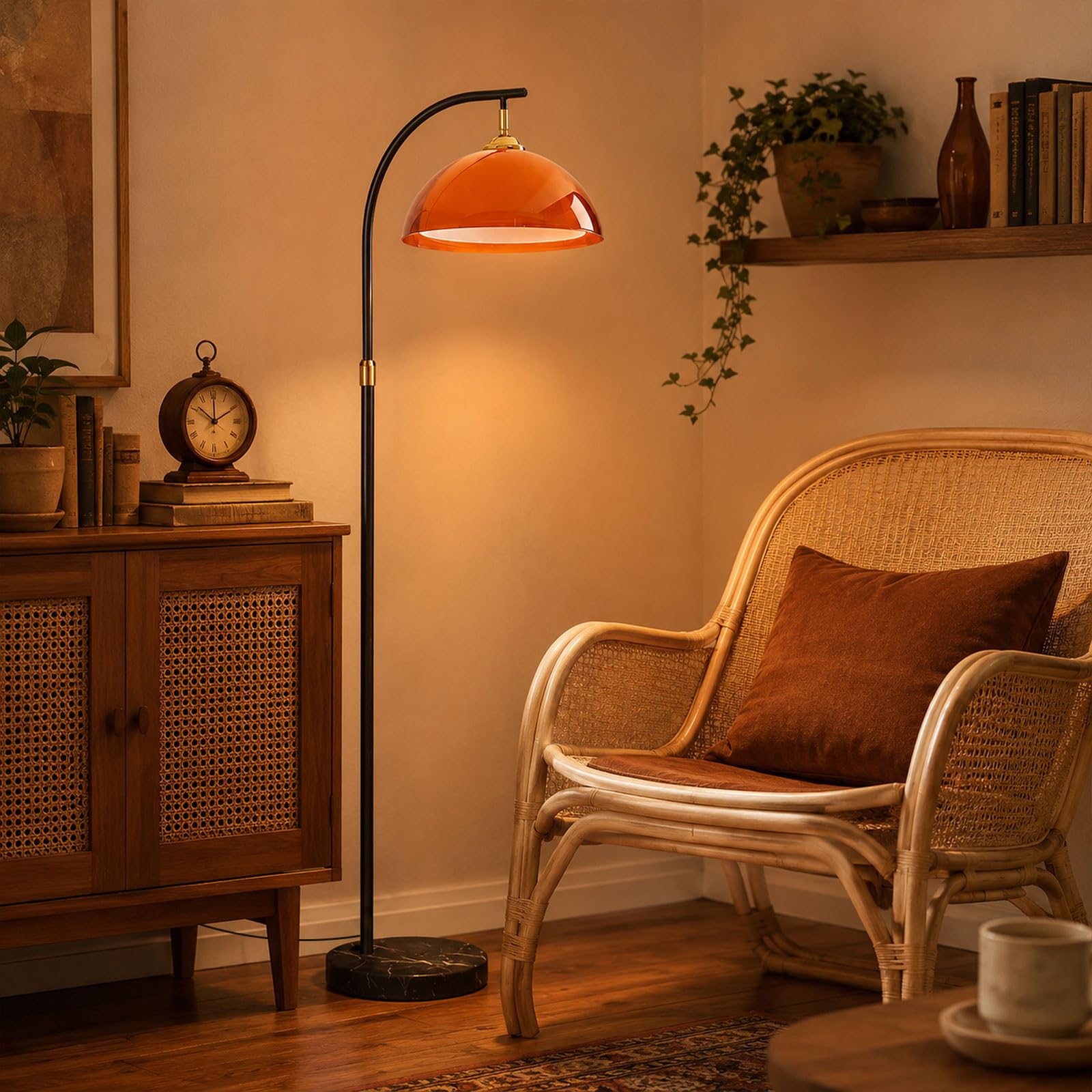 Lámpara De Pie Orange Arc, Base De Mármol, Mid-Century Modern, E27 | Pantalla Acrílica Doble Capa De Seta, Altura Ajustable, 3 Temperaturas, Interruptor De Pie, Poste Negro, Salón/Dormitorio