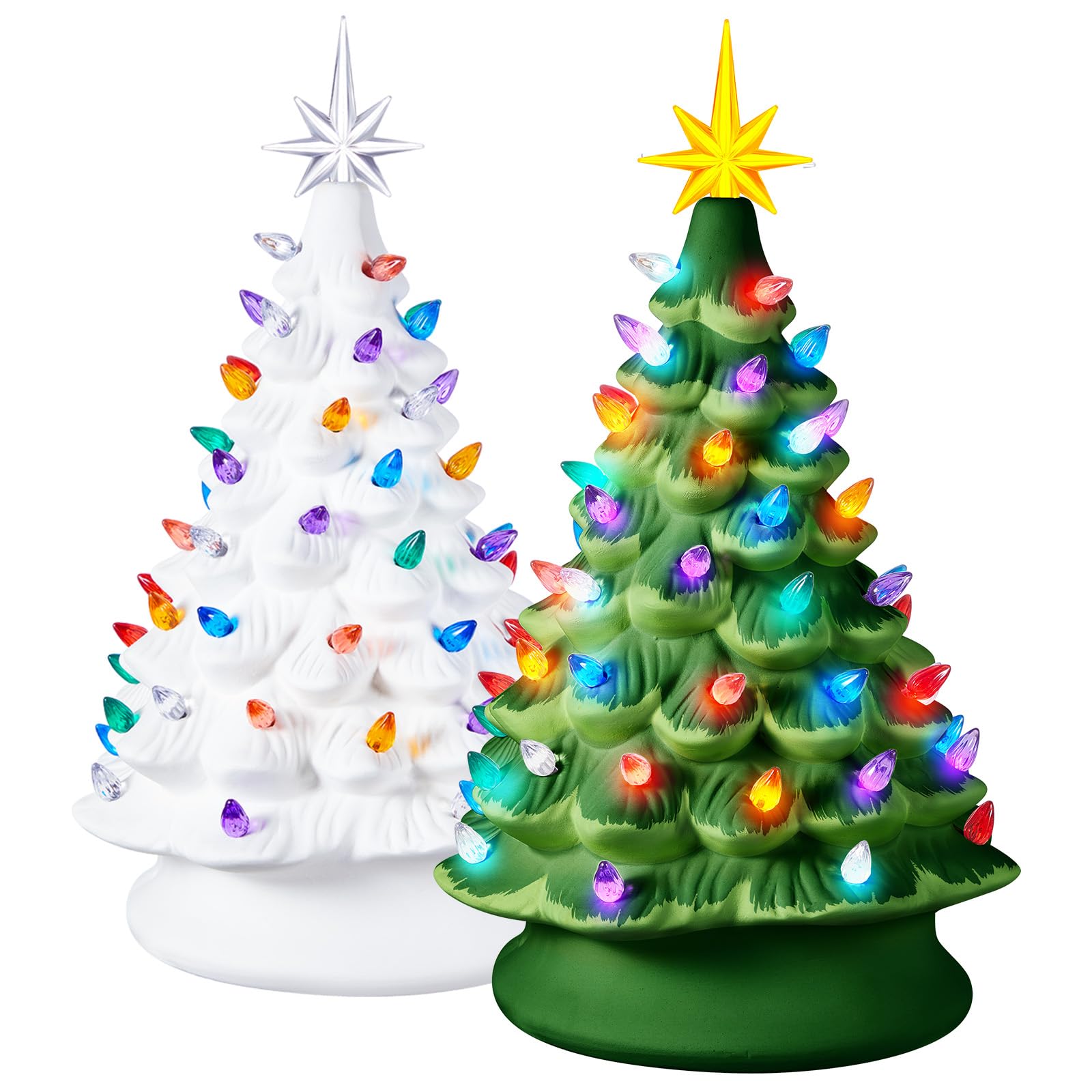 Meooeck 2 Sets Ceramic Christmas Tree with Lights 14.8 Ready to Paint White Ceramic Christmas Tree with Multicolored Bulb and Acrylic Paint Strips with Mixing Palette Brushes for Xmas Tabletop Decor