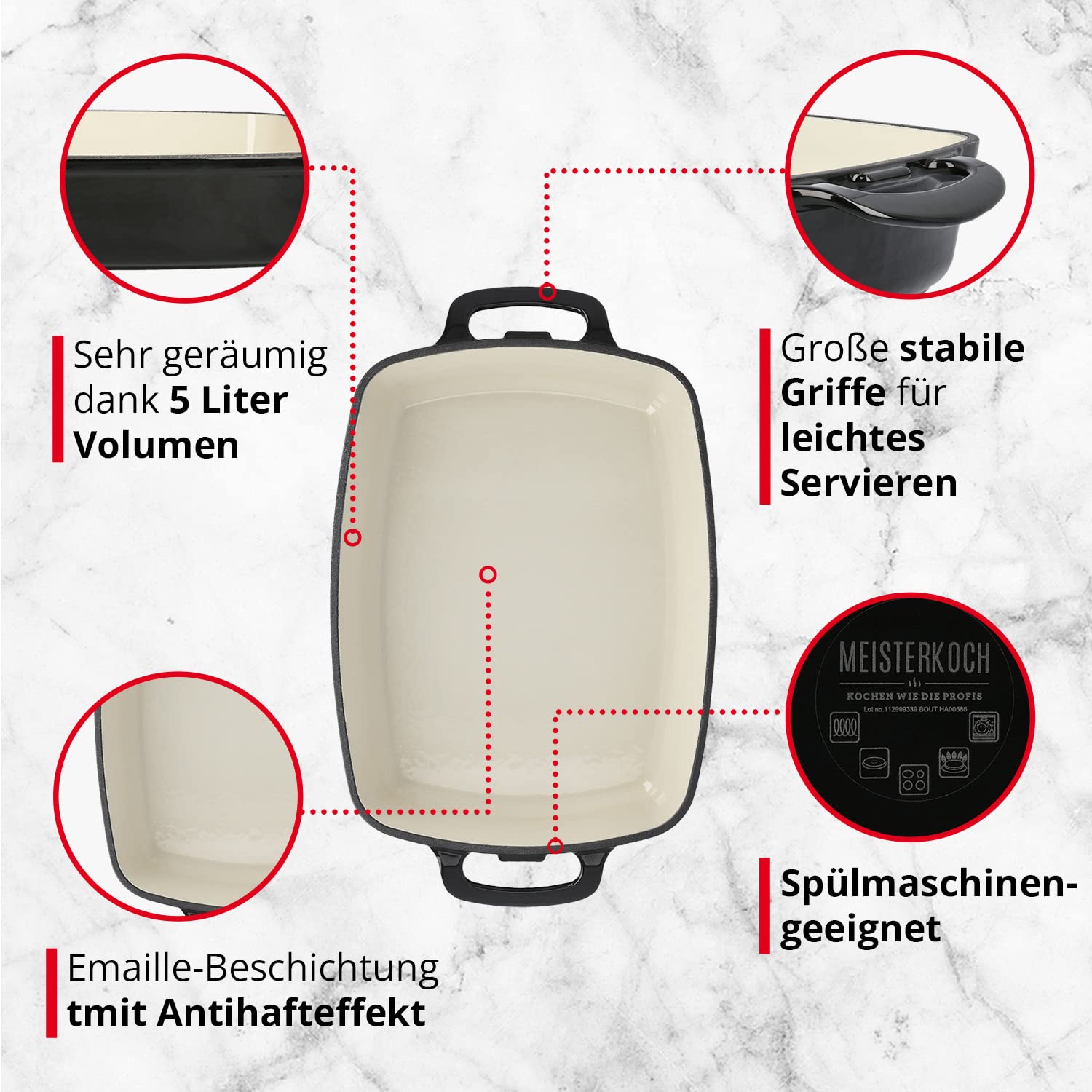 MEISTERKOCH Bräter aus Gusseisen in Schwarz/Creme, 44,5 x 27 cm, 5 Liter Volumen, Induktion, spülmaschinengeeignet, handliche Griffe, auch für Elektroherd, Glaskeramik-Herd und Gasherd