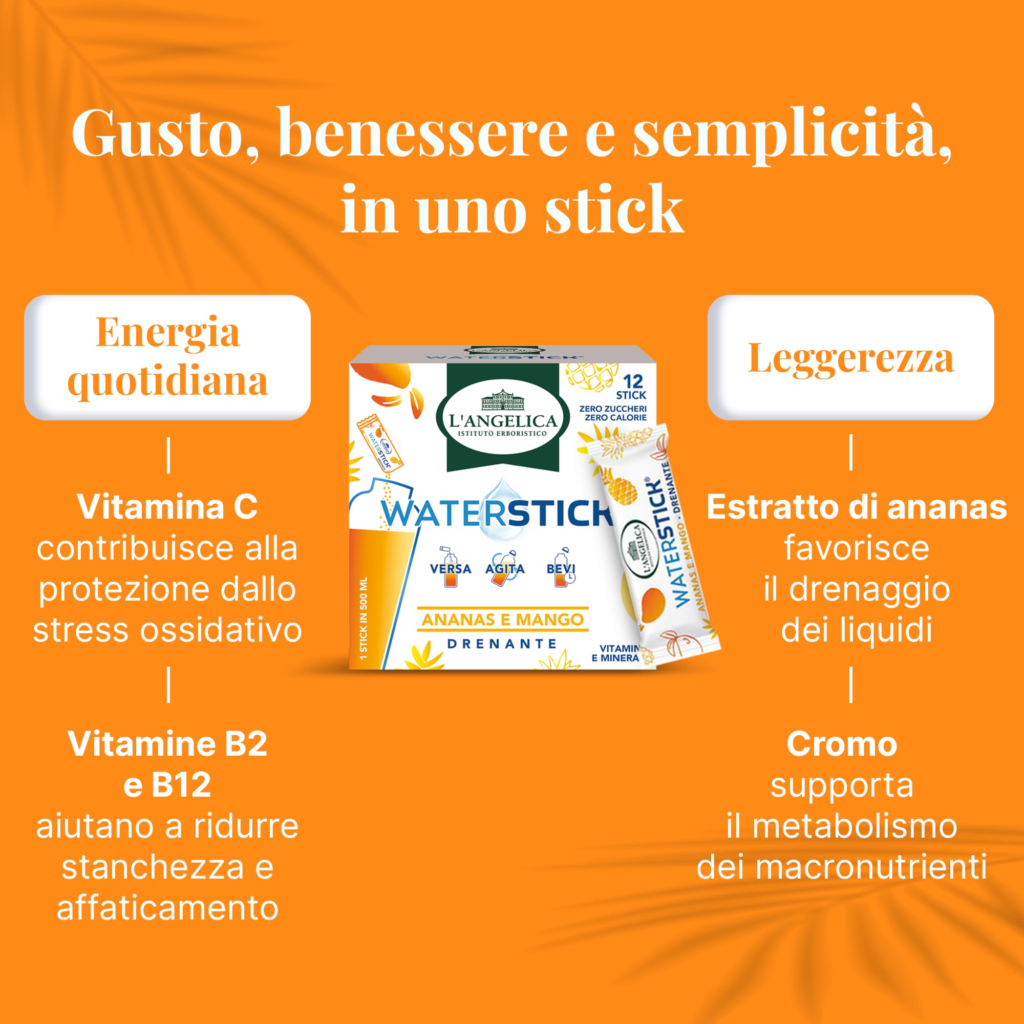 L'Angelica, Waterstick, Gusto Ananas e Mango, Drenante, Con Vitamine e Minerali, Contro Stanchezza e Affaticamento, Zero Zuccheri & Zero Calorie, Senza Conservanti, 6 Astucci da 12 Stick