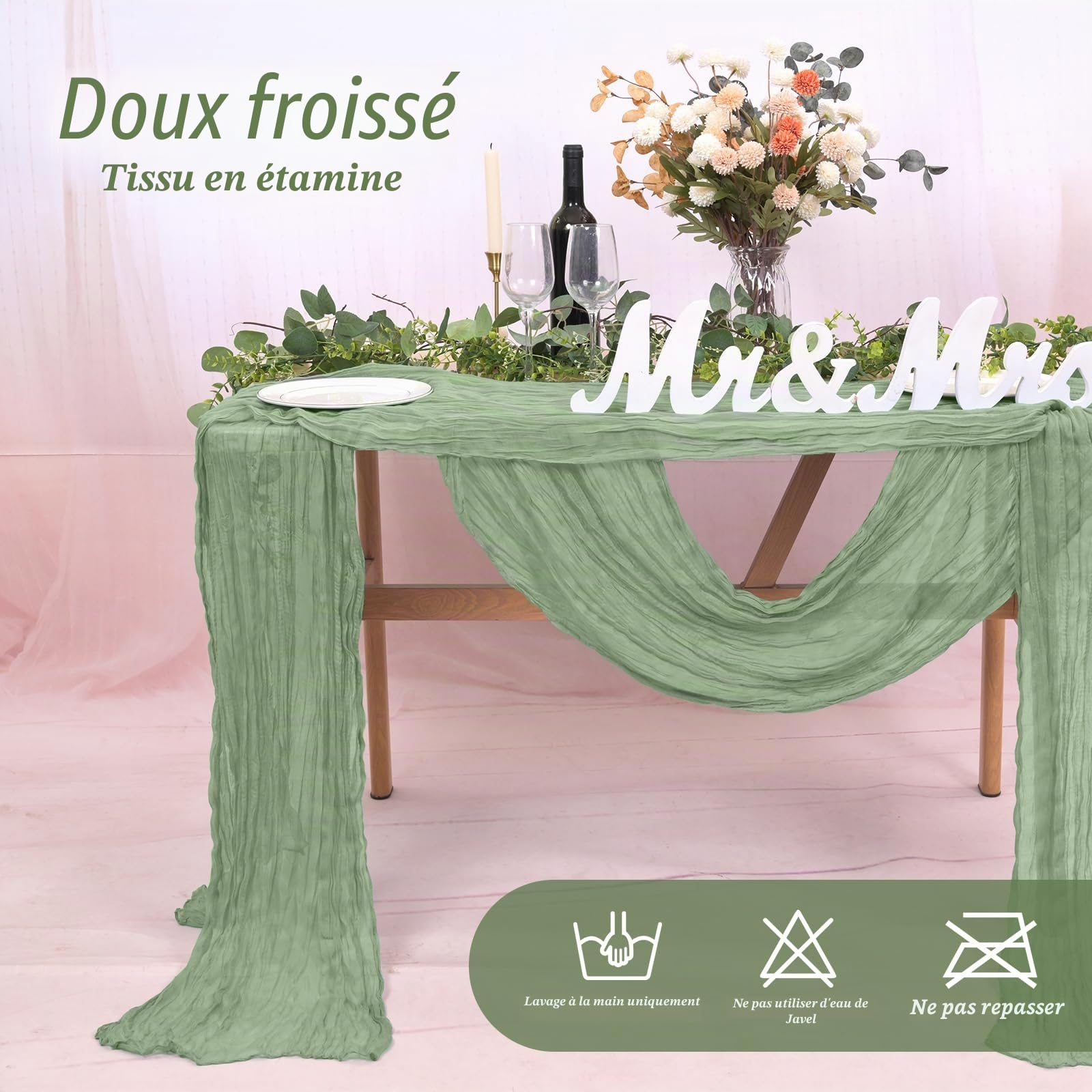 Lot de 10 Chemins de Table en Étamine, Chemin de Table Bohème en Gaze de 55 x 300 cm, Tissu Rustique en Gaze pour Mariages Festivals Remises de Diplôme Dîners Fêtes en Plein Air (Vert Sauge)