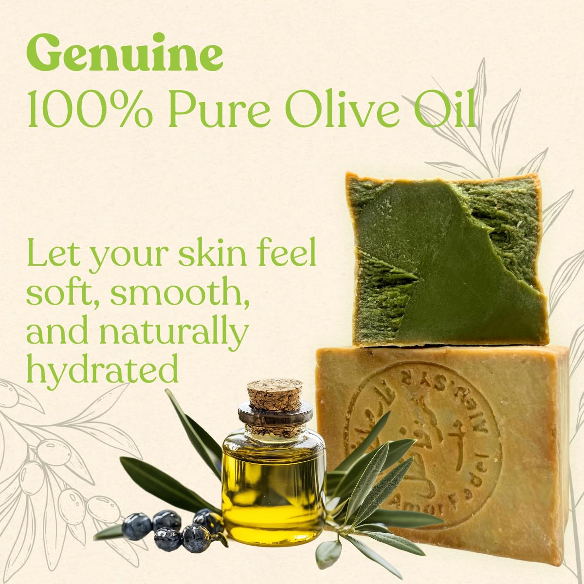 GREEN FADEL Sapone di Aleppo Originale, 100% Olio d'Oliva, 1 x ca. 200g (Genuine) Sapone all'Olio d'Oliva, Naturale, Fatto a Mano, Vegano, per Viso e Corpo