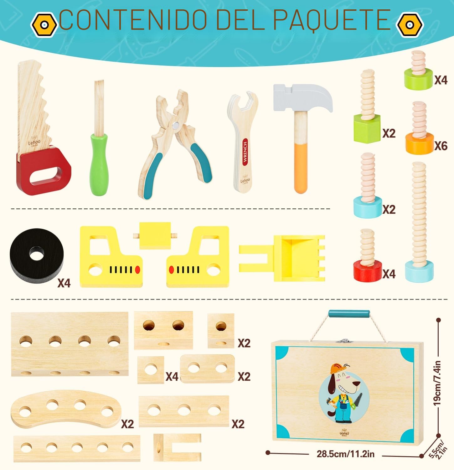 Lehoo Castle Montessori Caja de Herramientas Juguetes para Niños 3 4 años, Madera Juegos Educativos Regalo Niños Niña 2 3 4 5 (Perrito)