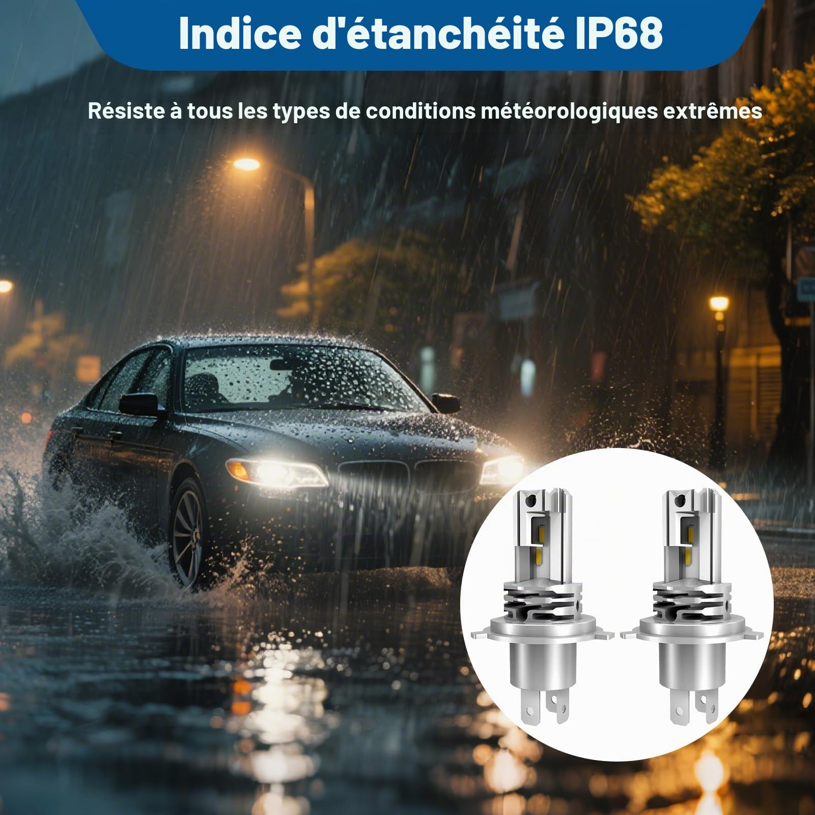 Ampoule H4 LED Voiture 32000LM 100W 6500K Lumière Blanche Remplacement pour Halogènes 1:1 Taille Halogène, Blanc Froid 600% Super Bright, IP68 Imperméable, Plug and Play, 2 Pièces