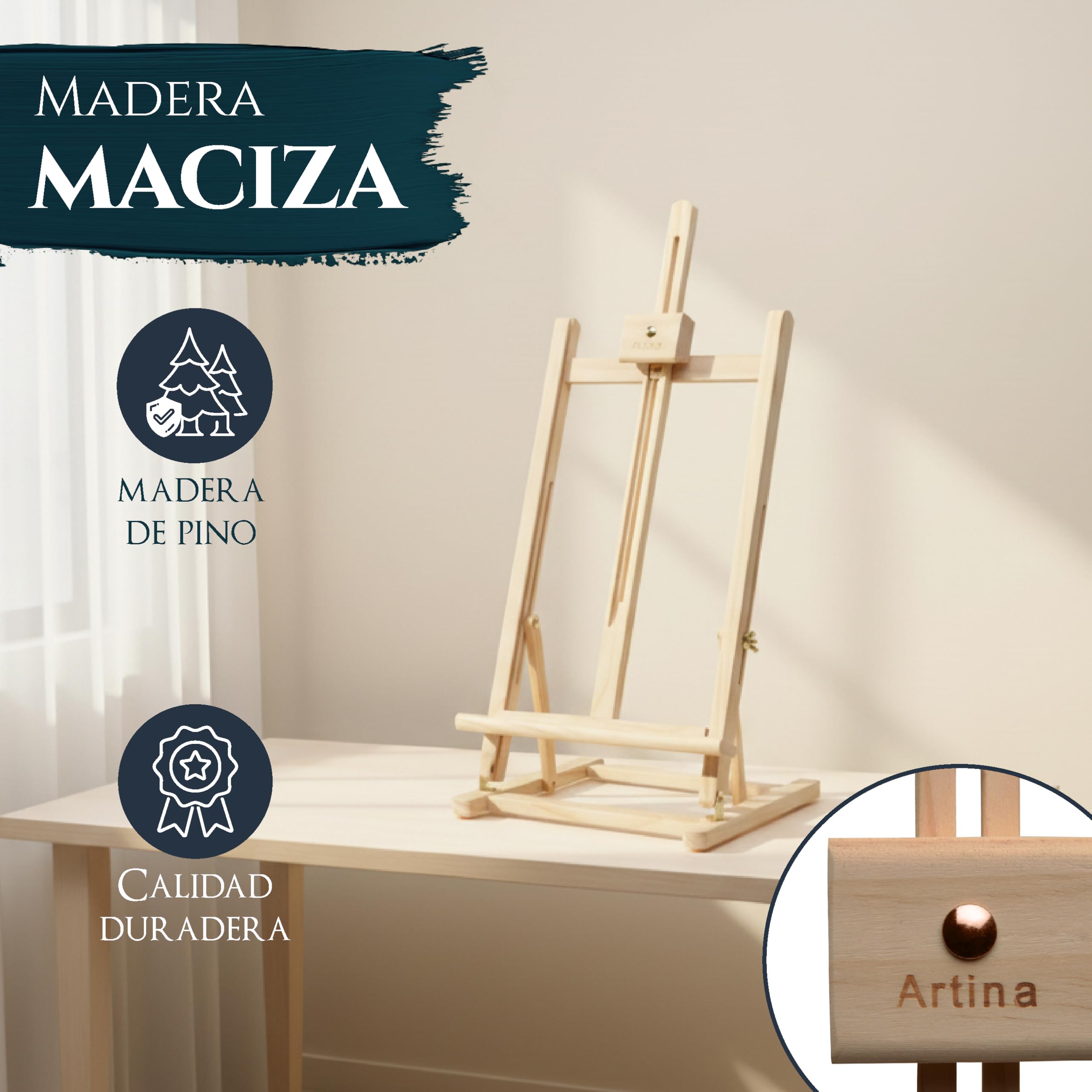 Artina Caballete de pintura de mesa Sydney - Madera de pino 27 x 27 x 60 cm – Caballete plegable para artistas principiantes, aficionados y niños – Para lienzos de hasta 45 cm de altura