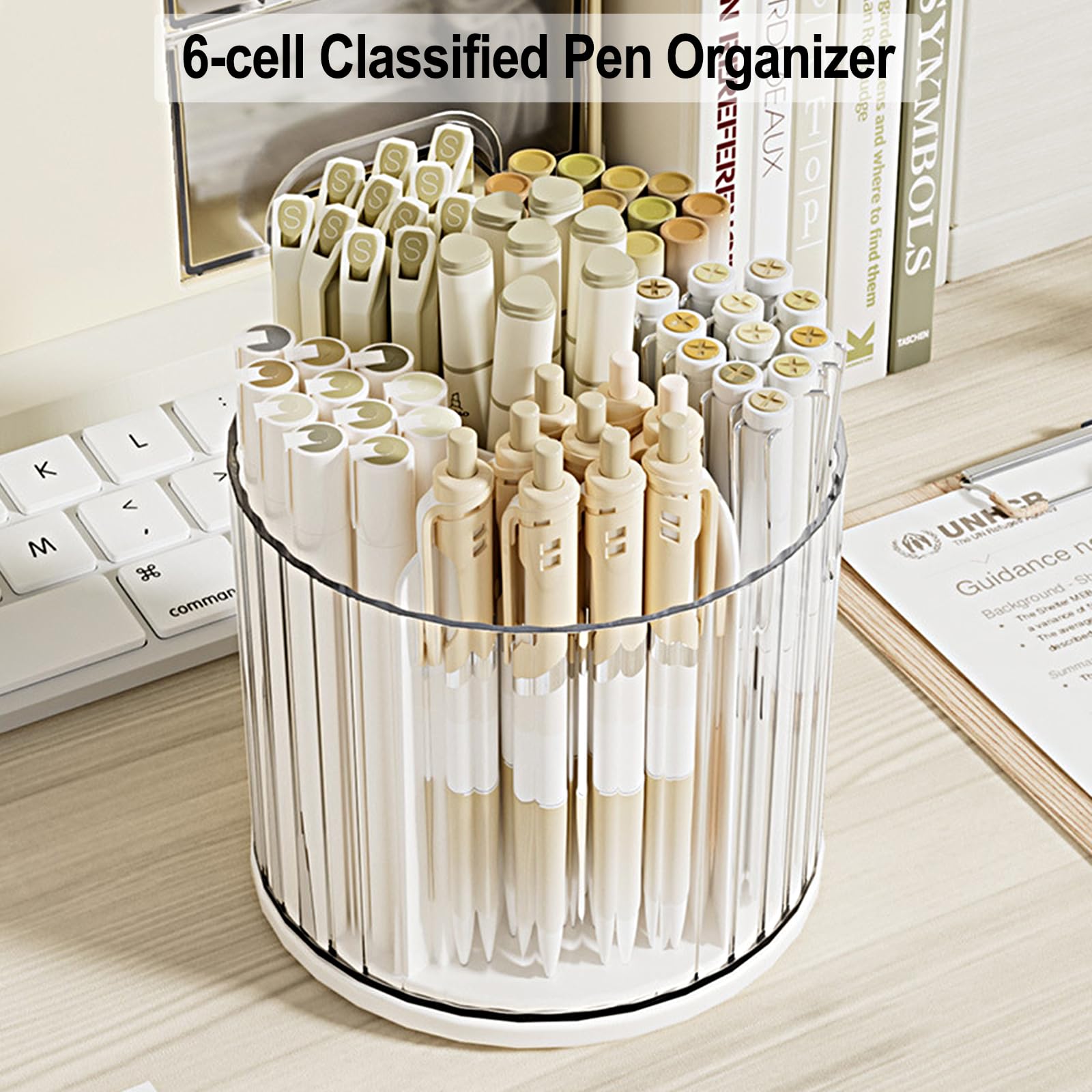 Lemical Soporte giratorio de 360° para brochas de maquillaje, soporte para lápices, caja de almacenamiento de cosméticos, 6 ranuras, organizador de bolígrafos de escritorio para el hogar, oficina,