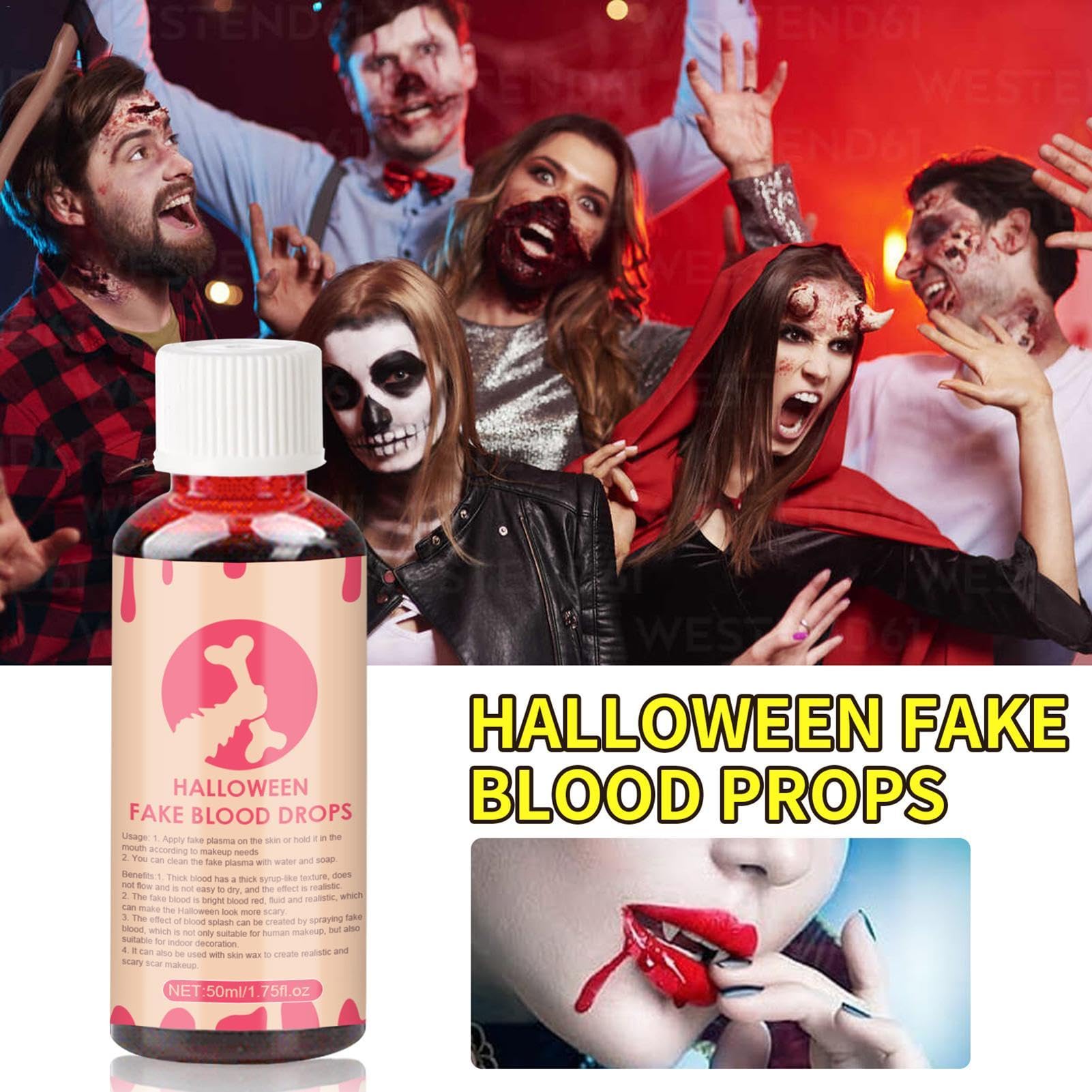 Halloween Fake Blood - Realistic Faux Blood, Halloween Blood Makeup | 50ml Washable Halloween Realistic Fake Blood Liquid, Sticky Non Toxic Vampire Makeup Halloween Fake Blood Props for Sfx Makeup
