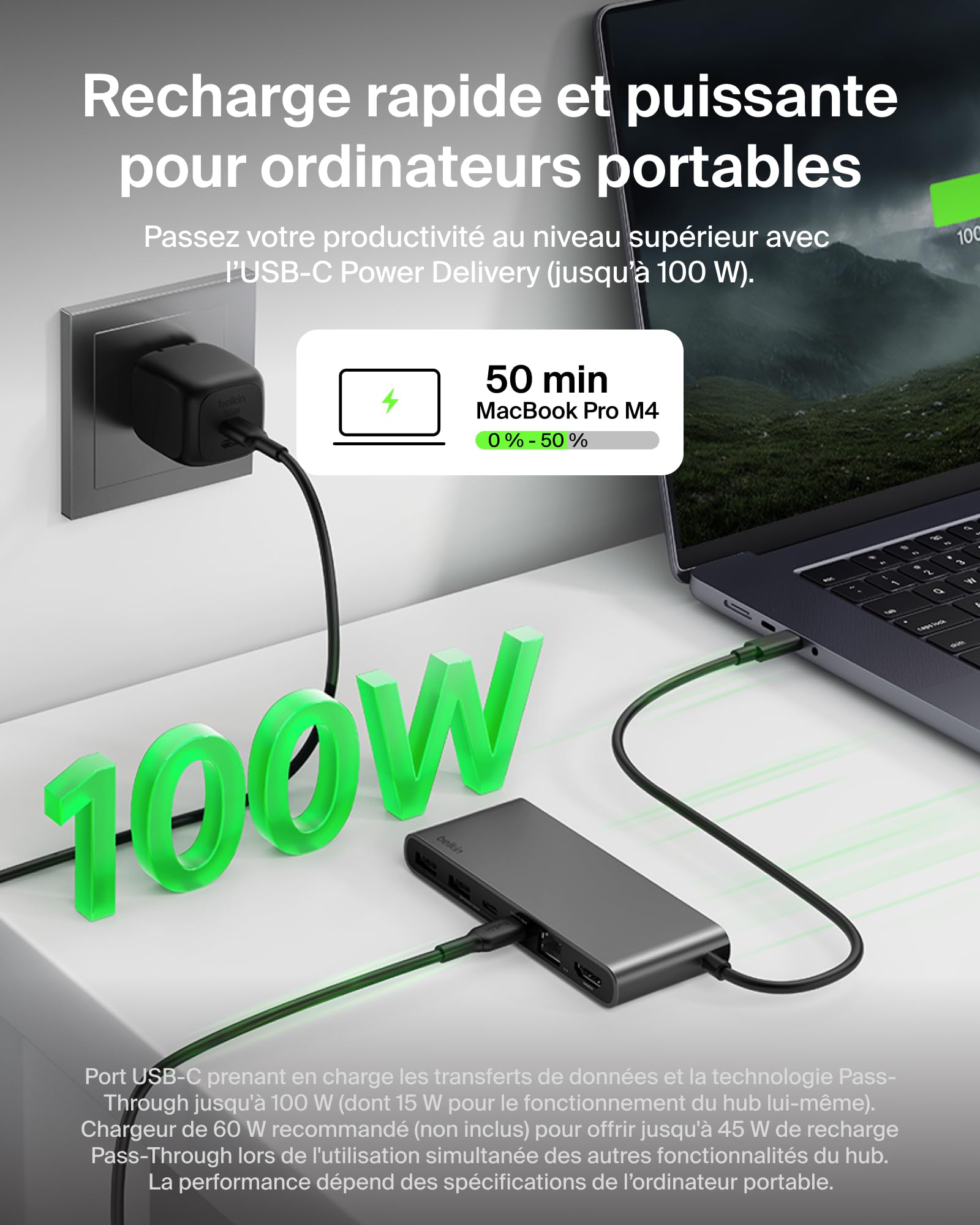Belkin Connect Hub USB C 8-en-1, Prise en Charge De La Résolution 4K à 60 Hz, Fonctionne avec Mac, Windows, Chromebook, PD de 100 W, Transfert De Données De 10 Gbit/s, Ethernet De 2,5 Gbit/s - Gris