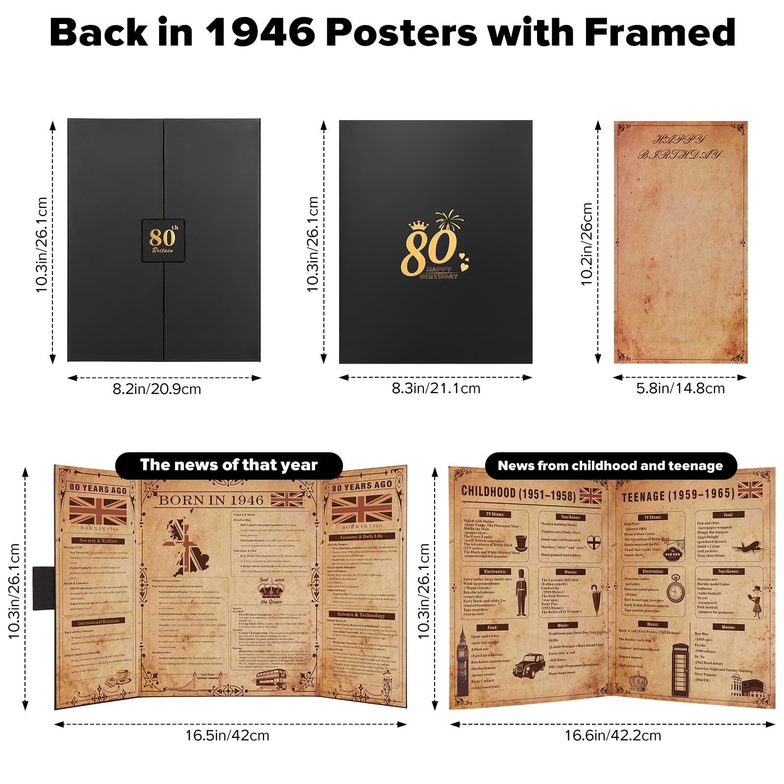 Born in 1946 UK 80th Birthday Gift Set with 3 Vintage Posters – Tri-Fold Birth Year Timeline, Dual-Fold Childhood Memories & Bonus Blank Greeting Card for Personal Messages, Retro Party Decorations — view 2