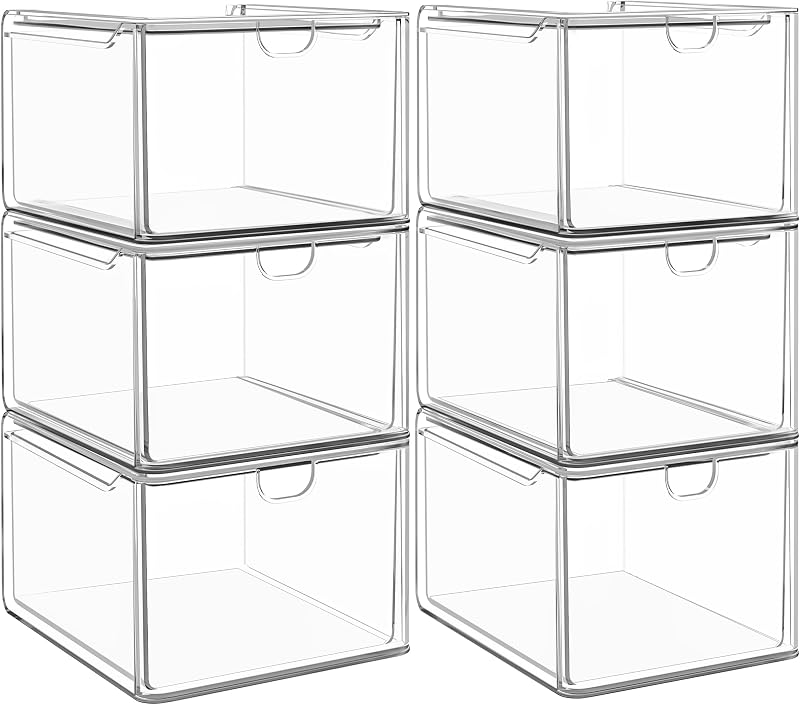 6-Pack Stackable Acrylic Storage Drawers, Small | Smooth-glide drawers, stackable, clear body, dustproof, wipe clean, 6 small, for art tools, makeup, under sink, pantry