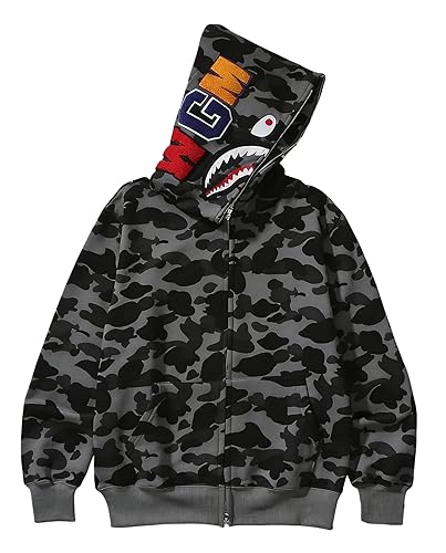 Unisex Camouflage Hoodie with Shark Embroidery, Full Zip, Lightweight Couple