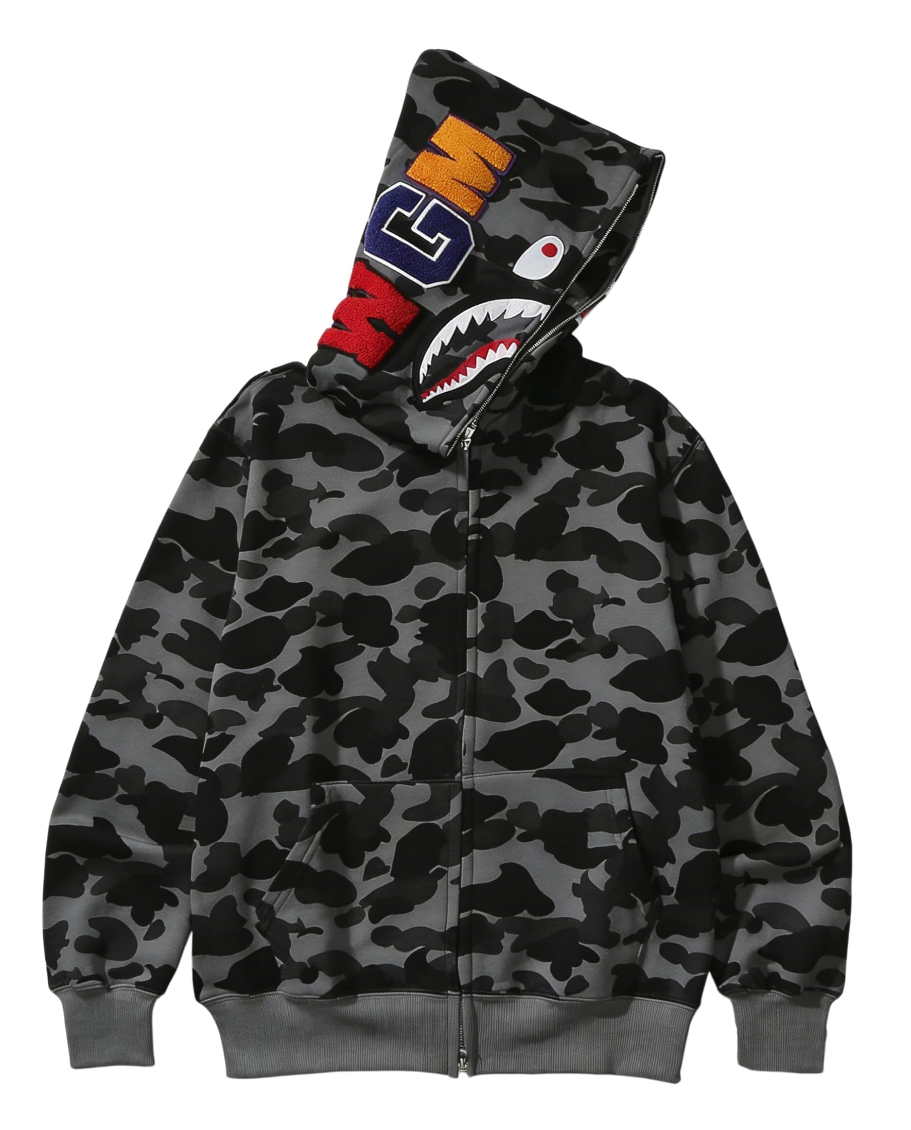 Unisex Camouflage Hoodie with Shark Embroidery Full Zip