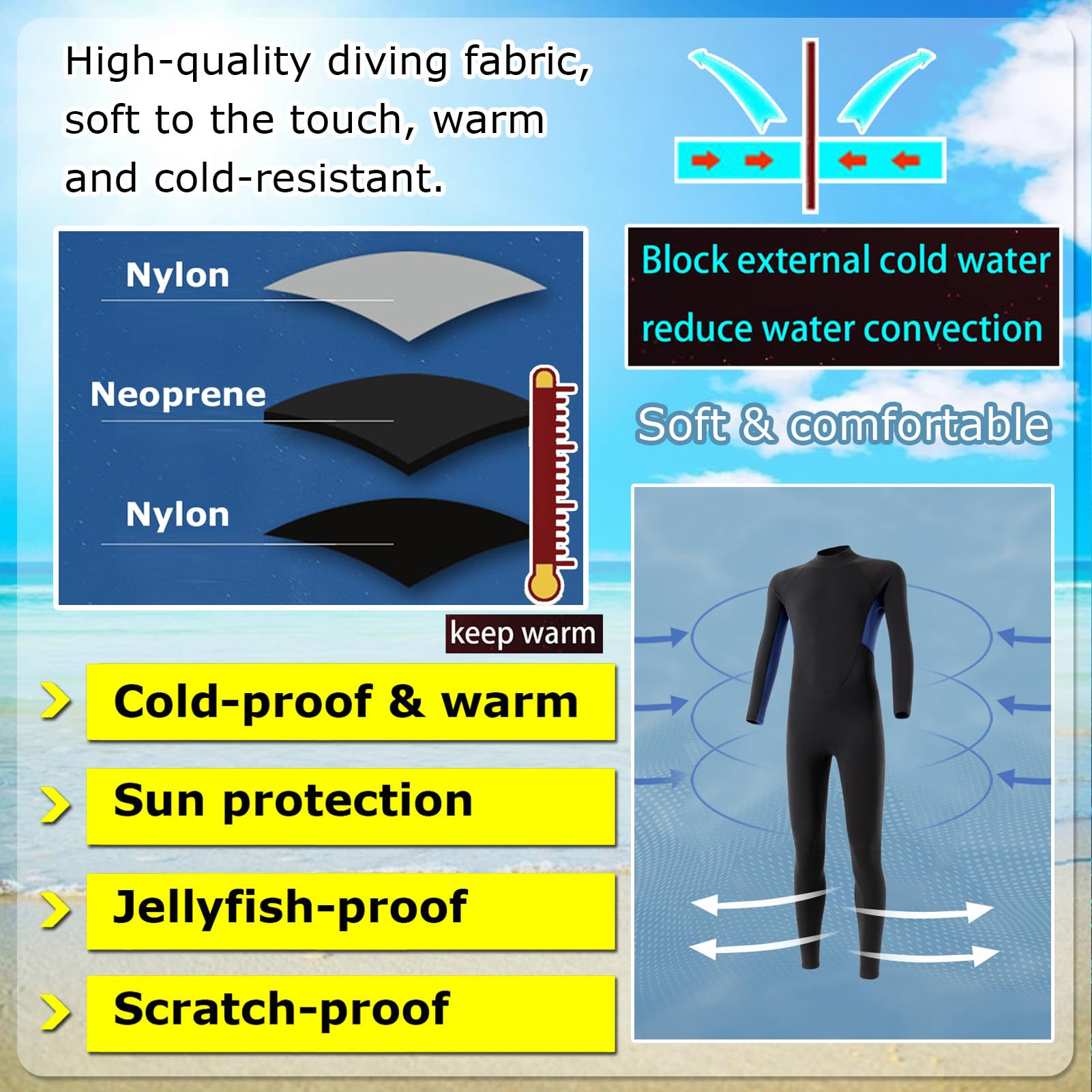 TOVCHEI 3MM Neoprene Wetsuit Back Zipper Warm One-Piece Diving Suit Sun Protection Anti Jellyfish Surfing Snorkeling Swimming,Black,3XL
