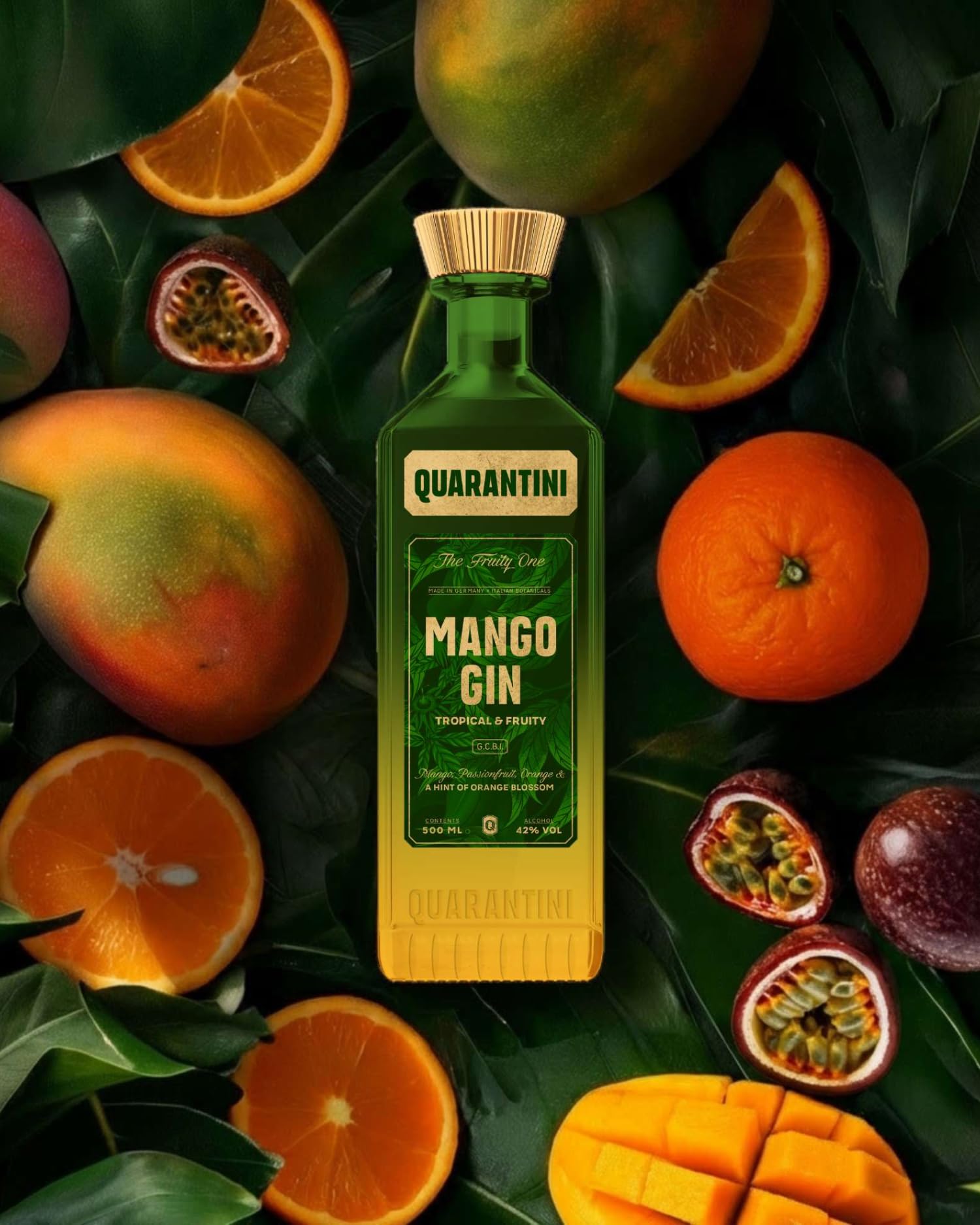 Quarantini Mango Gin (500 ml) – Key-Botanicals: reife Mango, spritzige Maracuja, fruchtige Orange, zarte Orangenblüte und Wacholder